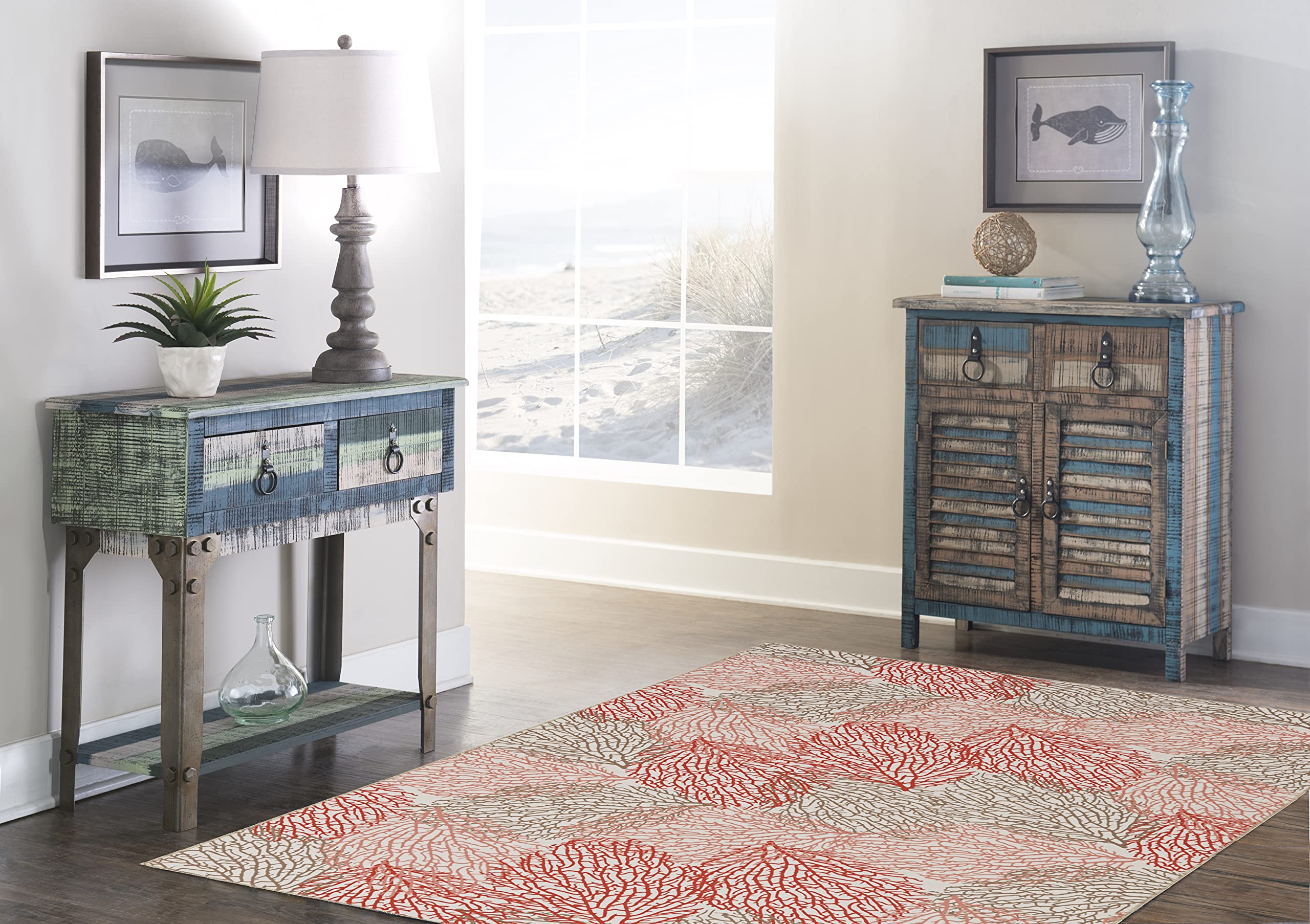 Linon The Anywhere Washable Rug - Varley Ivory/Coral 5' X 7' Area Rug - Machine Washable, Stain Resistant - Perfect for Living Room, Bedroom, or Dorm Decor
