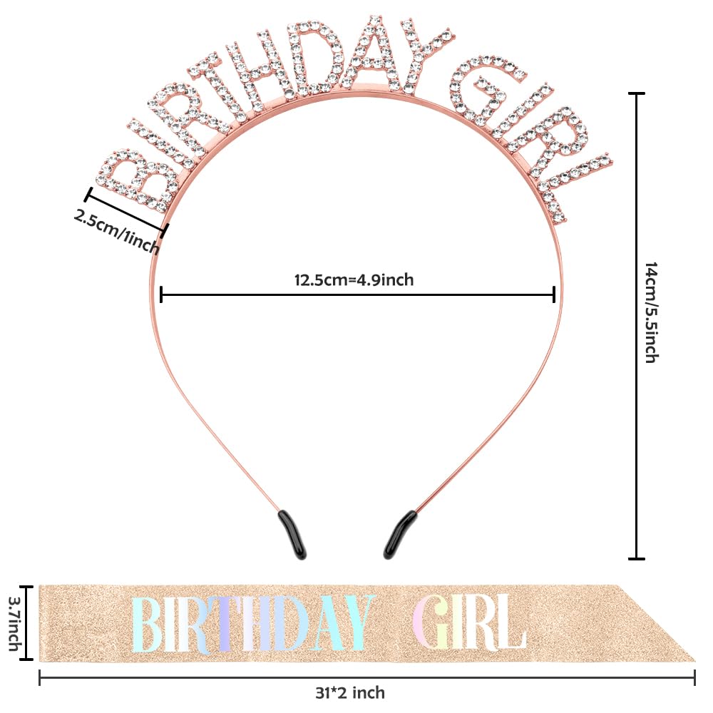 Rose Gold Glitter Birthday Sash & Crown Set for Women - Rhinestone Tiara & Headband - Perfect for Birthday Princess Parties, Bachelorette Celebrations & Special Occasions