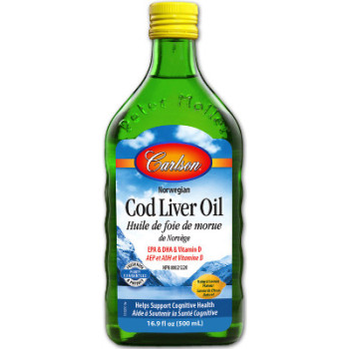 Carlson Labs Wild Norwegian Cod Liver Oil Lemon Flavor 500ml - Supports Heart, Brain & Immune Health - Great for Daily Wellness & Immune Boosting