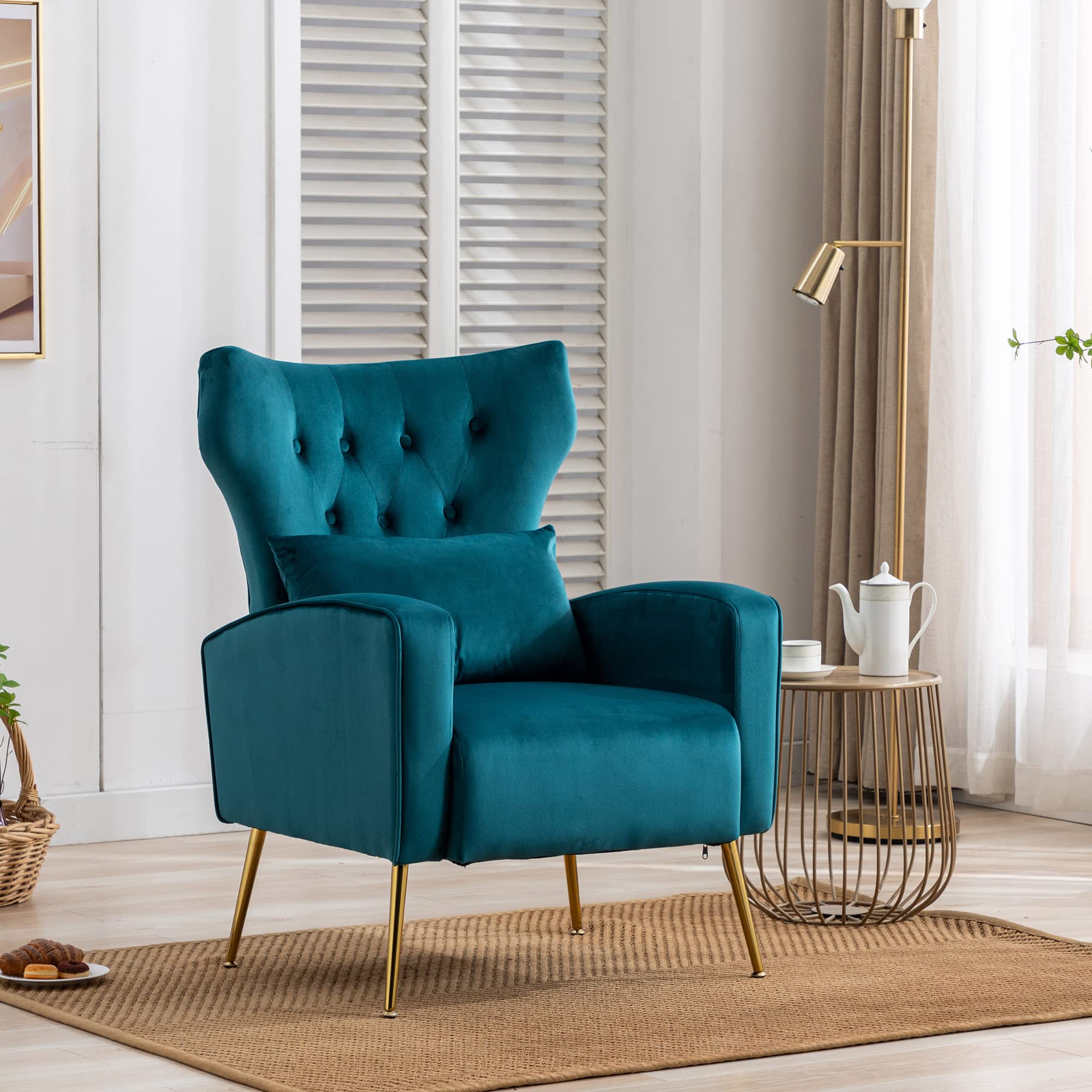 DM-Furniture Modern Velvet Accent Chair with Gold Legs - Wingback Upholstered Reading Lounge Chair for Bedroom & Living Room, Teal Blue - Perfect for Cozy Reading Nooks & Stylish Home Decor