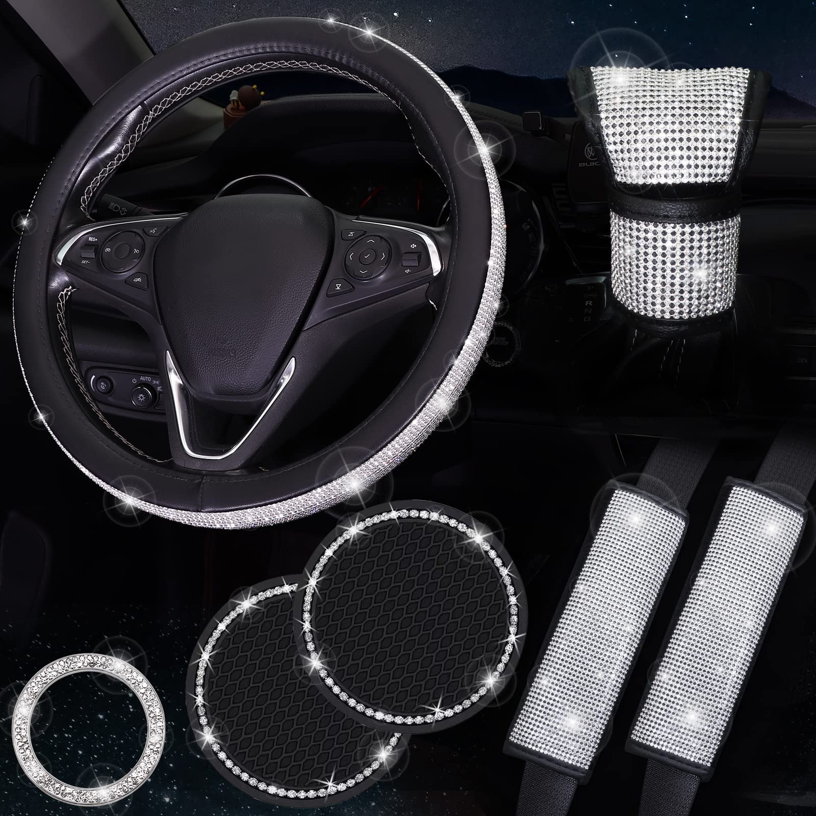 7-Pack Rhinestone Diamond Car Accessories for Women - Sparkly Steering Wheel Cover, Seat Belt Cushion, Shift Knob Cover, Push Start Button & Cup Coaster Set in Silver | Luxury Car Interior Decor & Gift Idea for Female Drivers