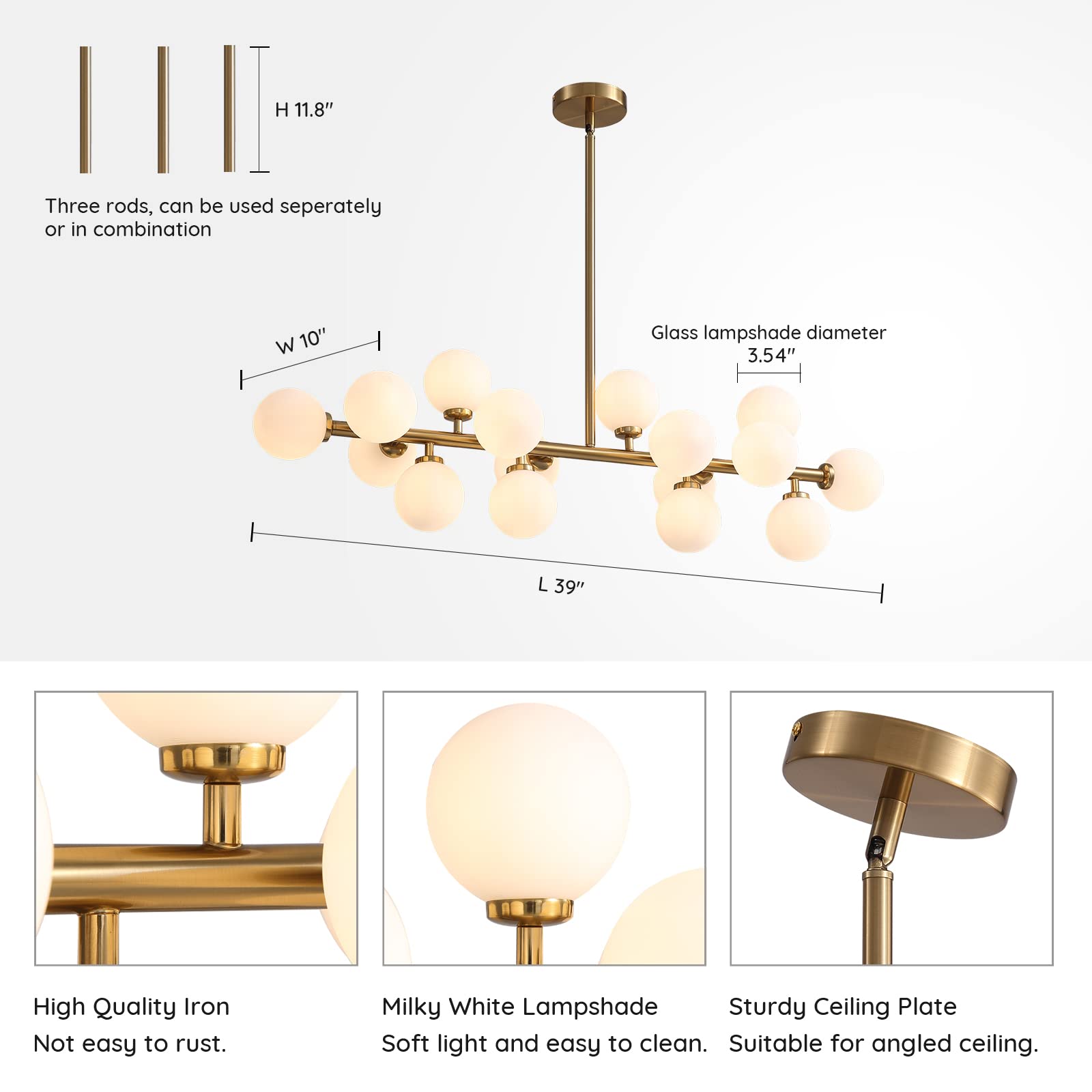 Modern Gold Rectangle Chandelier Pendant Light Fixture for Kitchen Island, Dining Room & Over Table - Milky White Lampshade | Elegant Ceiling Lighting for Home & Restaurant Decor