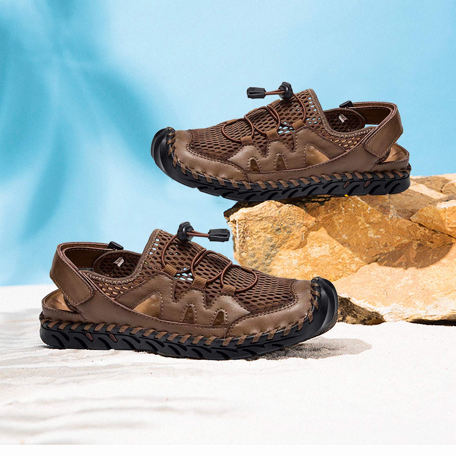 **Men's Leather Fisherman Sandals - Breathable Closed Toe Beach Shoes for Summer | Non-Slip Water Sandals for Outdoor Walking, Hiking & Athletic Activities | Handmade Comfortable Anti-Collision Slides**    *(Perfect for beach trips, hiking adventures, casual walks, and water sports – lightweight and durable for all-day comfort!)*