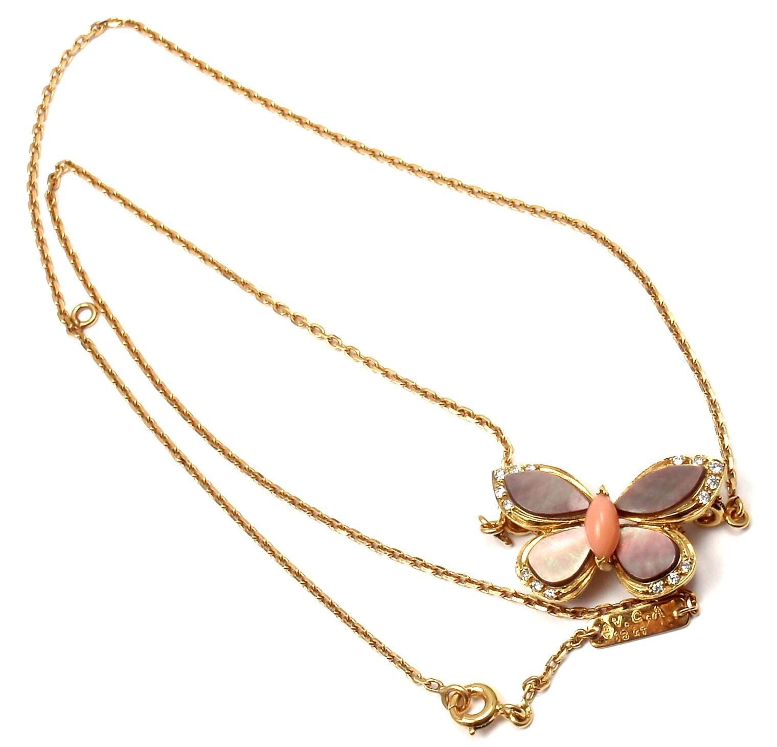 VAN CLEEF & ARPELS 18k Yellow Gold Diamond Mother of Pearl Coral Butterfly Brooch Necklace - Elegant Jewelry for Weddings, Parties & Special Occasions