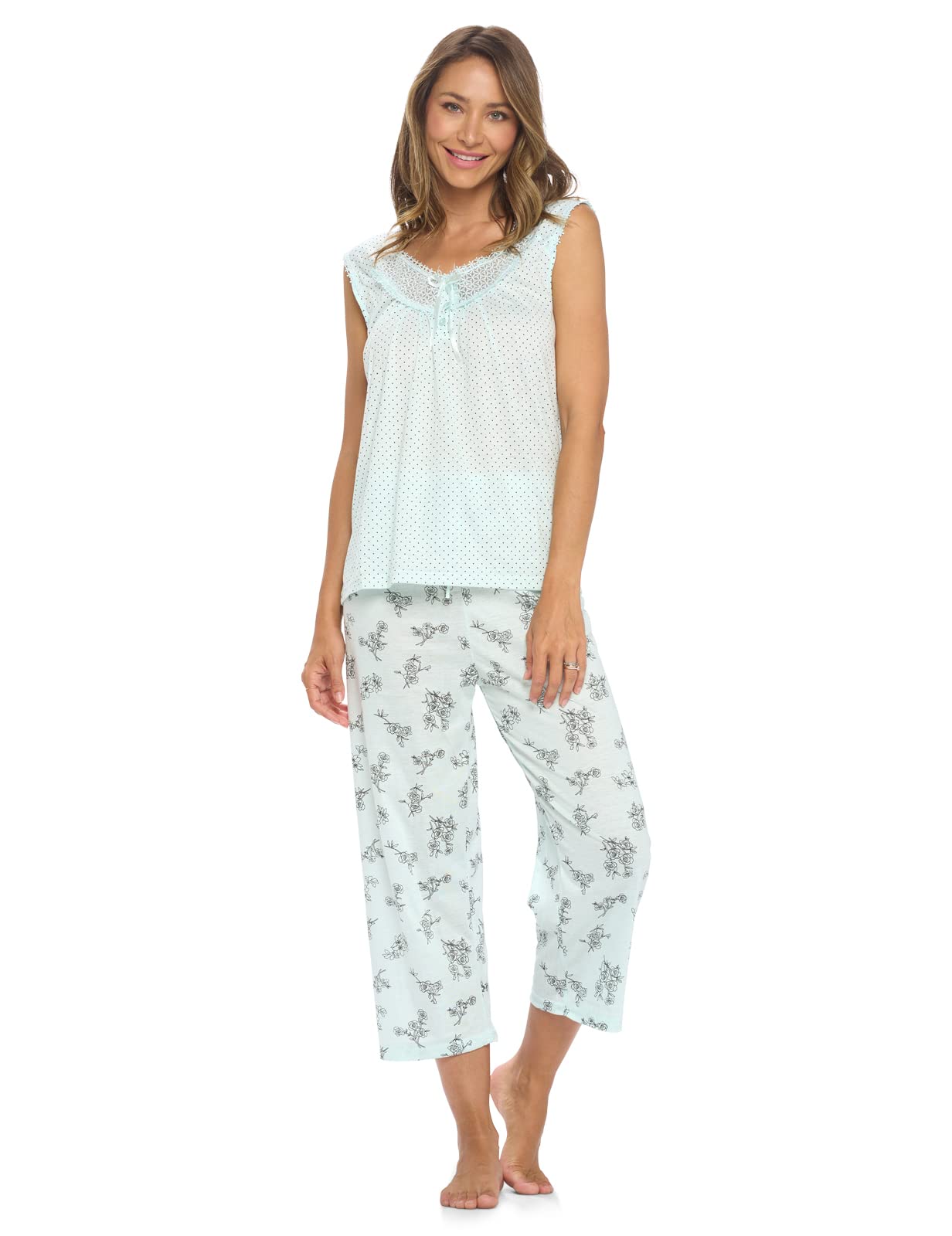 Women's Lace Sleeveless Sleepwear Set - Comfortable Satin Pajamas with Capri Pants for Nightwear & Lounge | Perfect for Bedtime, Relaxing at Home, and Summer Nights