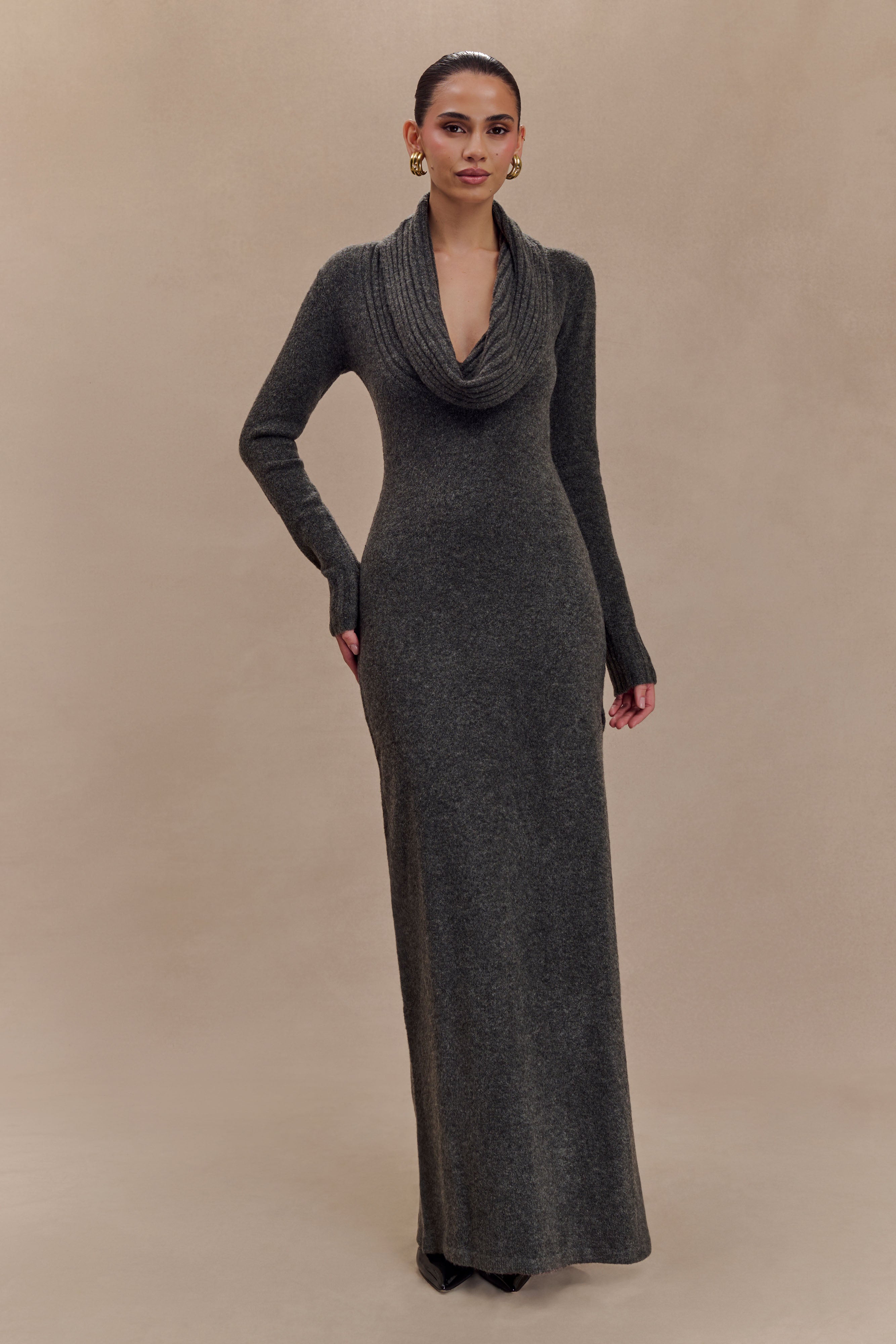 Alessandra Reversible Knit Maxi Dress in Charcoal Marle - Stylish & Comfortable Women's Long Dress for Casual Outings, Date Nights & Special Occasions