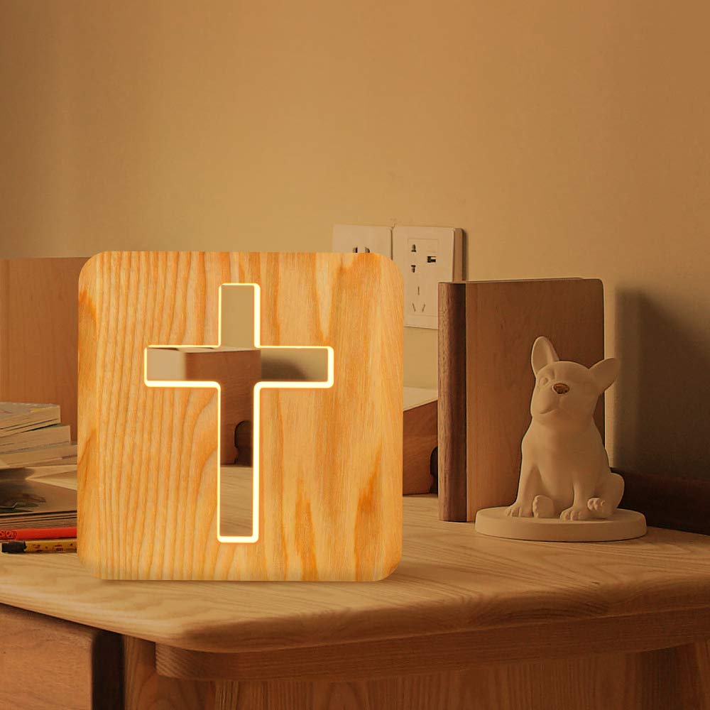 Lampeez 3D Illusion Jesus Cross Wooden Night Light - USB Powered Novelty Lamp for Kids Room Decor, Christmas Birthday Gifts for Boys & Girls | Bedroom Decor, Holiday Lighting, Children's Religious Gift