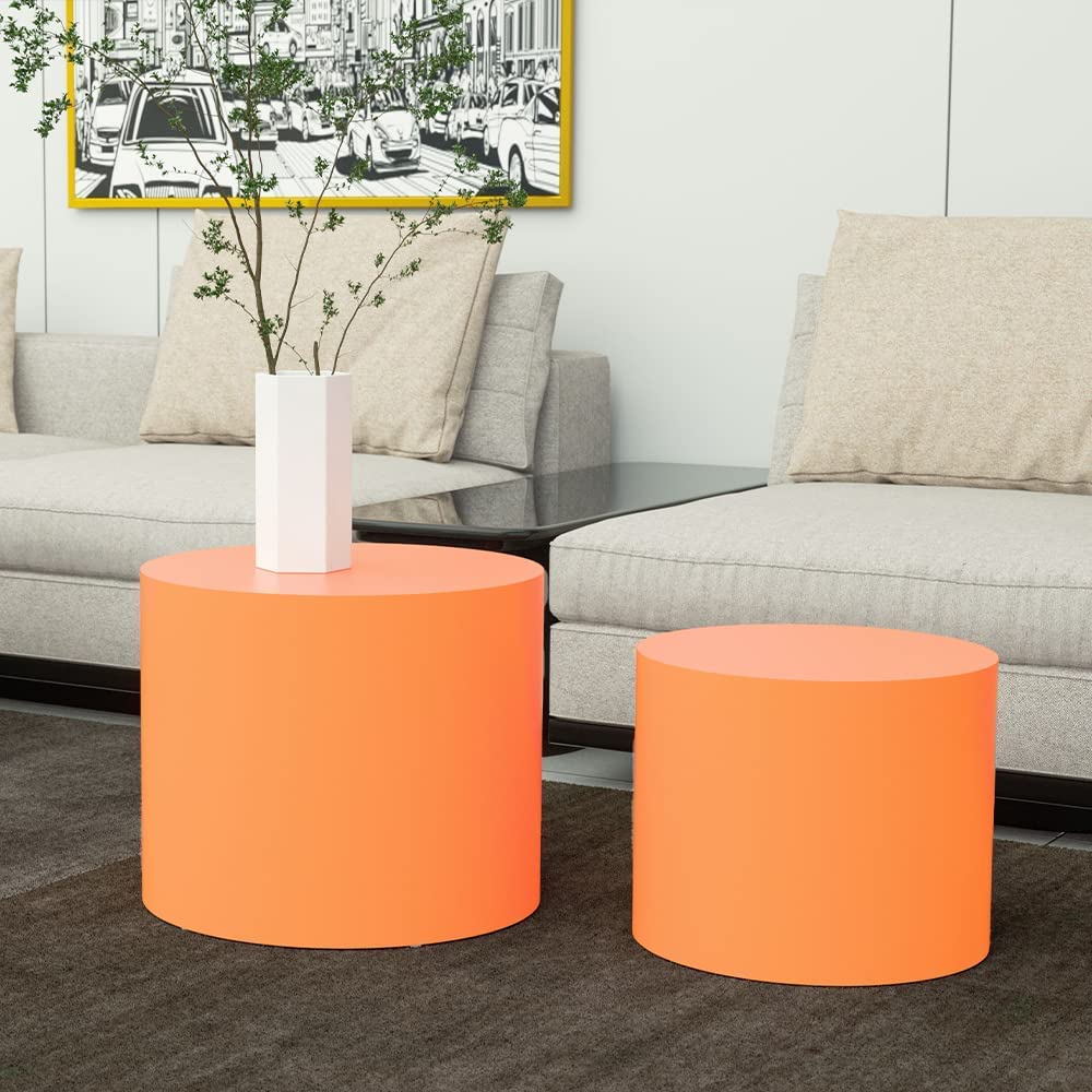 JURMALYN 2-Piece Nesting Coffee Table Set - Round Modern Wooden Side Tables for Small Spaces, Orange Finish - Perfect for Living Room, Bedroom & Apartment Decor