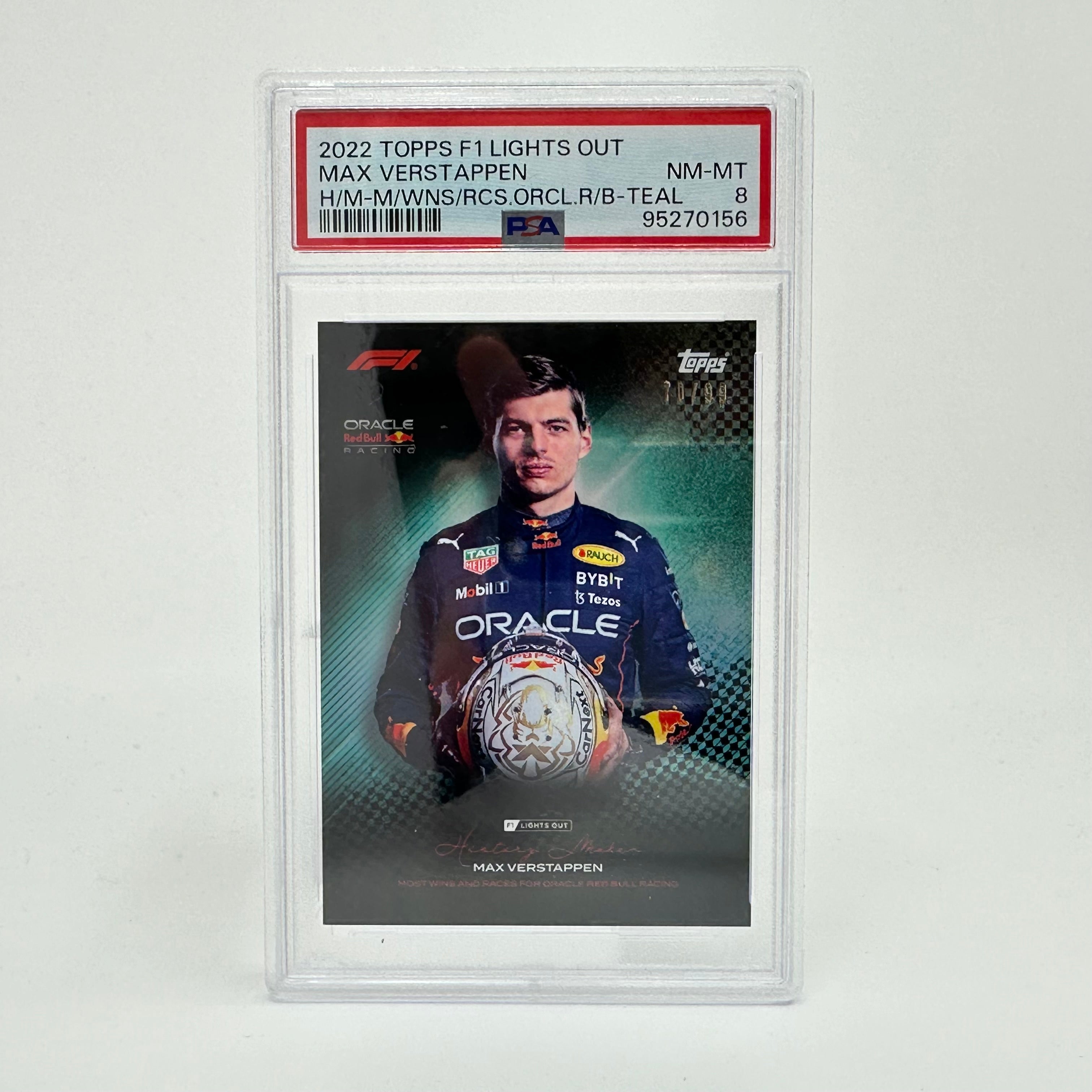 PSA 8 Graded 70/99 Max Verstappen Racing Card - Most Wins & Races in F1 History - Limited Edition Teal - Perfect for Collectors & Formula 1 Fans Display