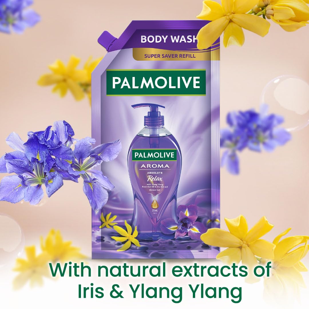 Palmolive Aroma Absolute Relax Body Wash for Women & Men - 750ml Refill Pack with 100% Natural Ylang Ylang Essential Oil & Iris Extracts | pH Balanced, Skin-Softening Shower Gel for Stress Relief & Daily Relaxation | Perfect for Spa Nights & Self-Care Routines