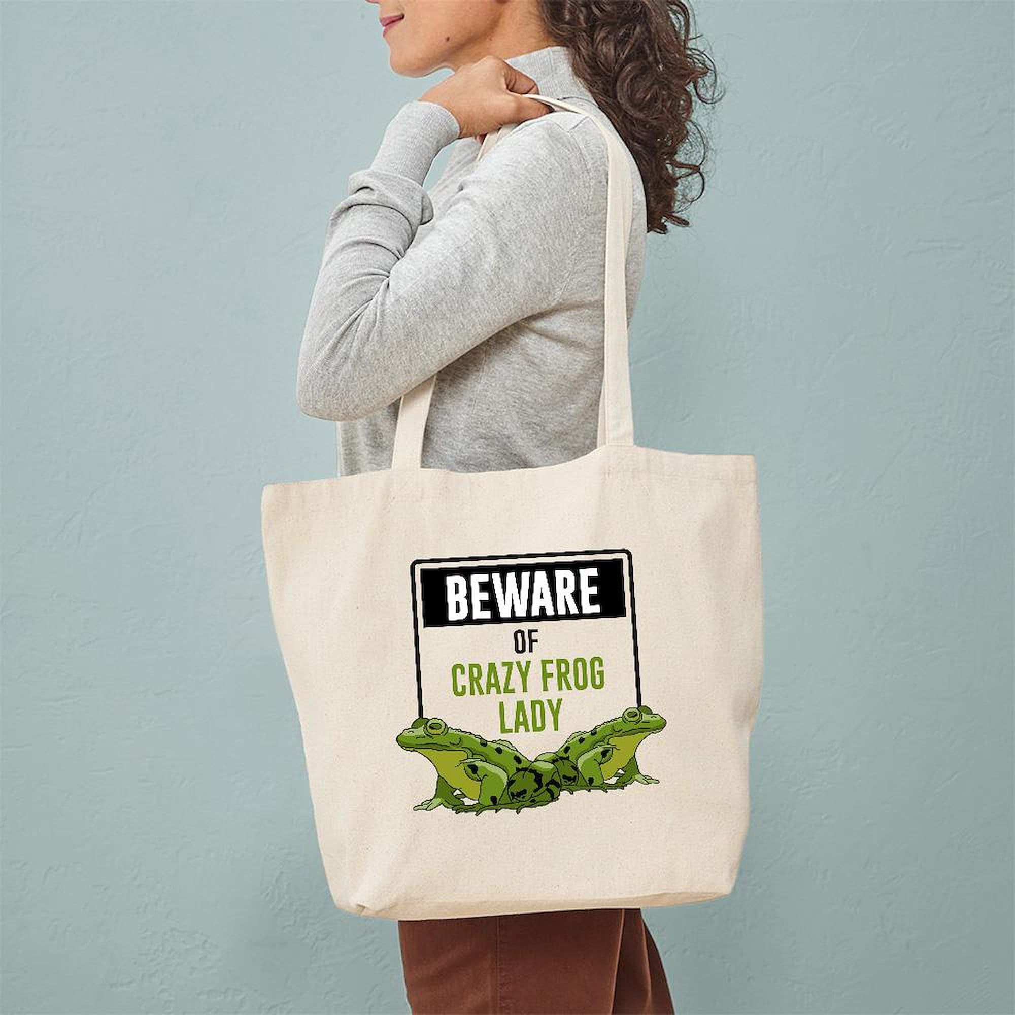 Beware Of Crazy Frog Lady Tote Bag - Natural Canvas Reusable Shopping Bag for Groceries, Beach & Daily Use | Eco-Friendly Cotton Tote