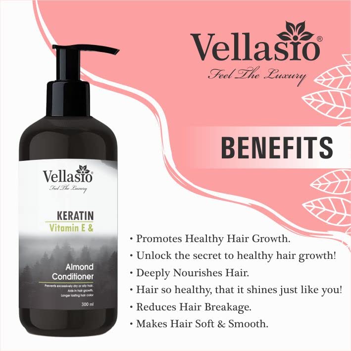 VELLASIO Keratin Almond Deep Conditioner for Dry & Frizzy Hair - Smoothing Hair Treatment for Soft, Shiny & Healthy Hair - Sulfate Free Hair Care for Women & Men - Perfect for Daily Use & Salon Quality Results