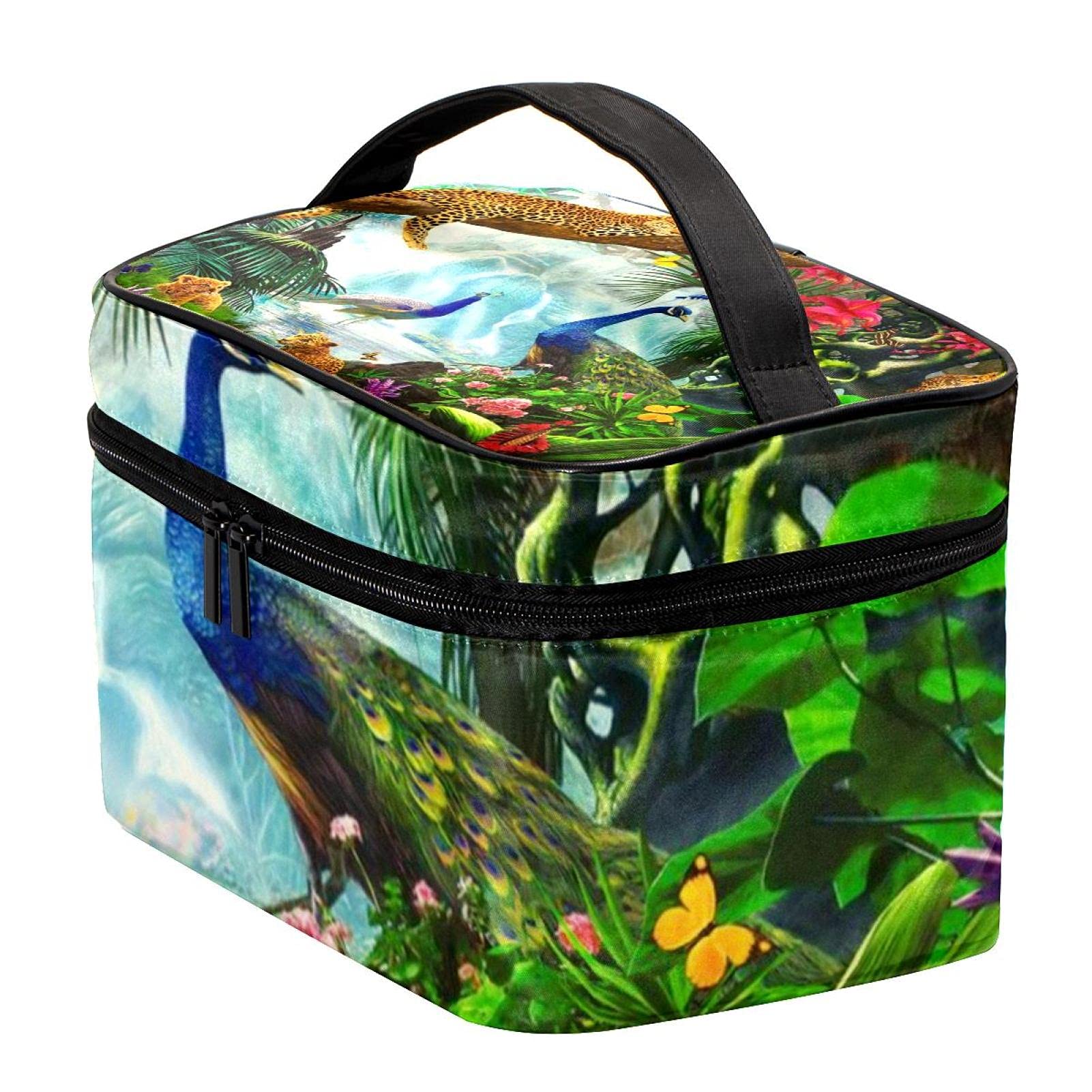 Stylish Forest Animals Peacock Cheetah Print Large Travel Makeup Bag - Waterproof Cosmetic Organizer with Zipper for Women & Girls | Perfect for Travel, Gym, and Daily Essentials Storage