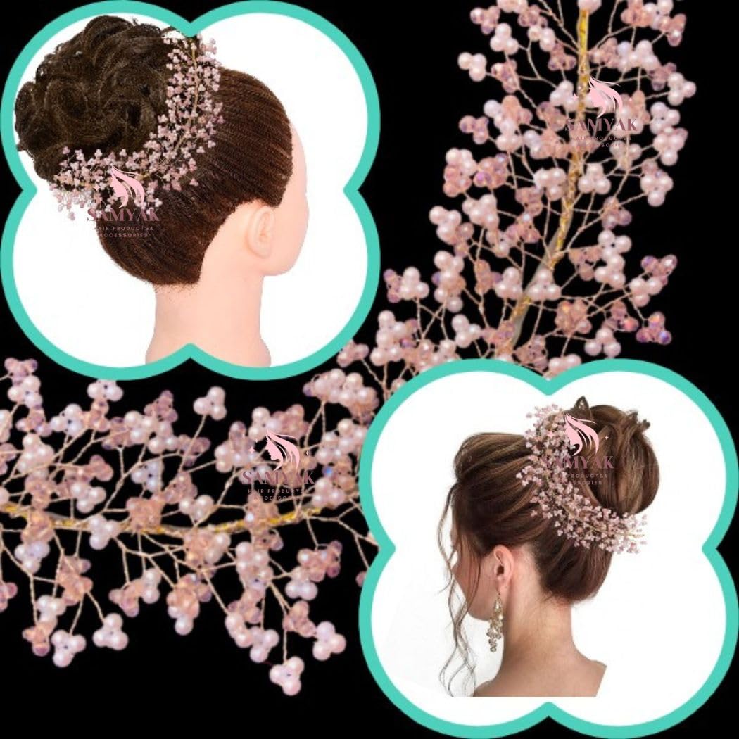 Samyak Crystal Pearl Hair Tiara Headband - Elegant Bridal Hair Accessory for Women | Wedding, Bridesmaid, Prom, Party | Sparkling Hair Vine with Pearls for Updo, Bun, or Half-Up Styles (Pink, 1 Pack)