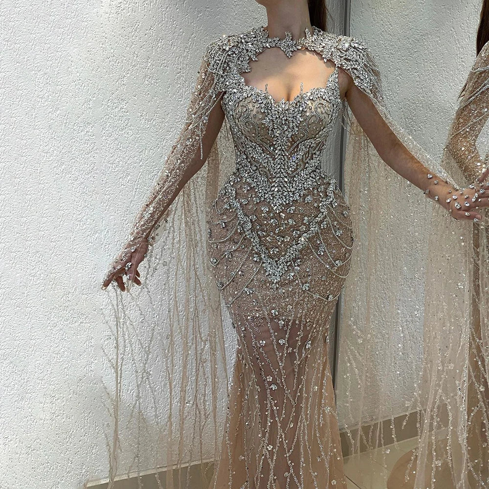 Elegant Nude Mermaid Evening Dress with Beaded Crystal Removable Cape Sleeves - Formal Gown for Prom, Wedding & Red Carpet Events | Serene Hill LA72539