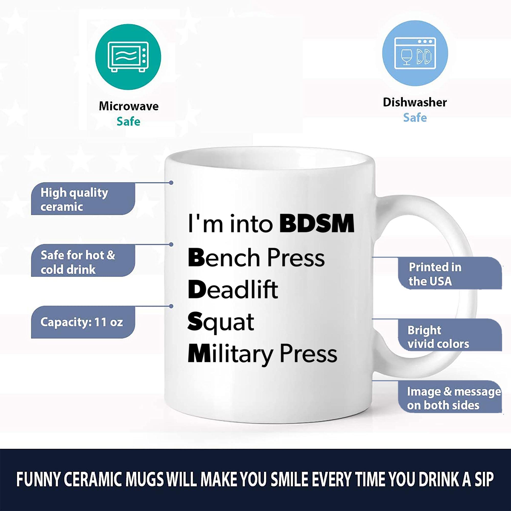 Funny Gym Coffee Mug 11oz - BDSM Workout Humor (Bench Press, Deadlift, Squat, Military Press) - Perfect Gift for Weightlifters & Fitness Enthusiasts - Great for Gym, Home, or Office Use