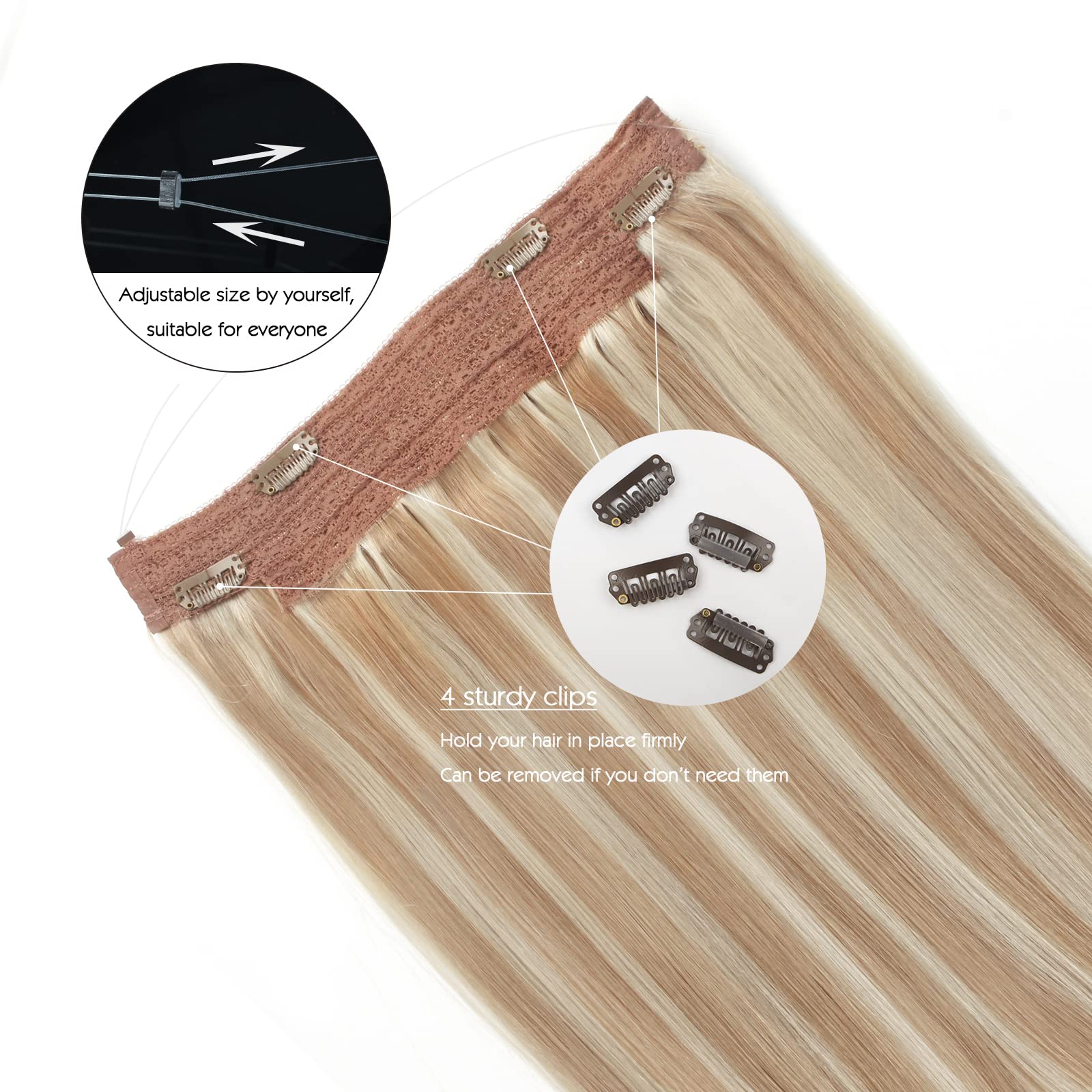 Natural Straight Sassina Invisible Wire Hair Extensions - 14 Inch 90g Real Human Hair with Adjustable Transparent Wire & Secure Clips (#P12/60) | Perfect for Weddings, Parties & Daily Styling