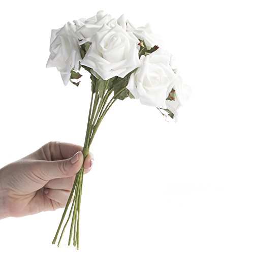 Premium White Foam Rose Stems - Bulk Pack of 12 Artificial Flowers for Wedding Centerpieces, Home Decor, Floral Arrangements & DIY Crafts (8.5