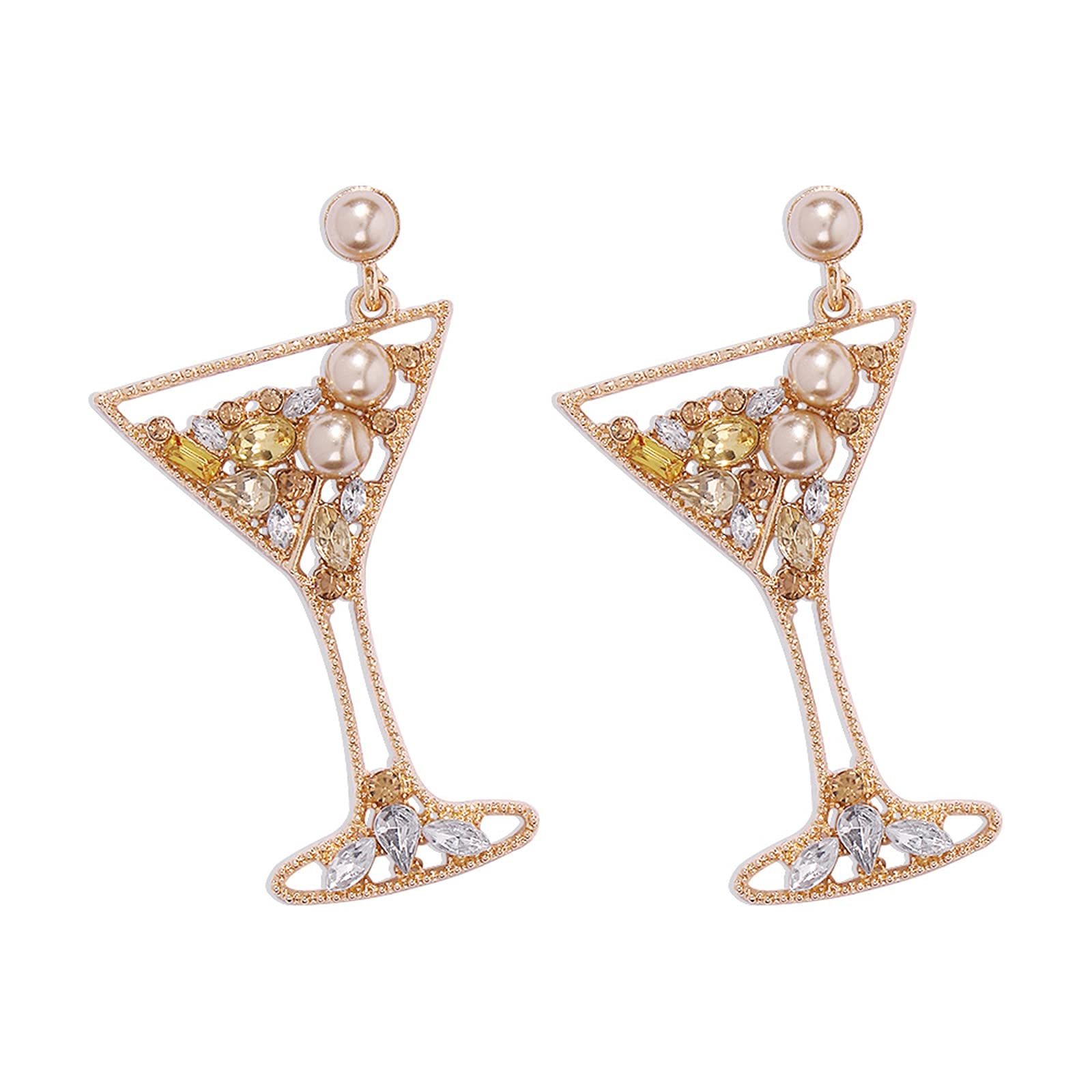 Handmade Champagne Martini Wine Glass Dangle Earrings - Shiny Rhinestone Crystal Pearl Beaded Drop Earrings for Women - Elegant Cocktail Party Jewelry Gift for Girls, Bridesmaids & Special Occasions