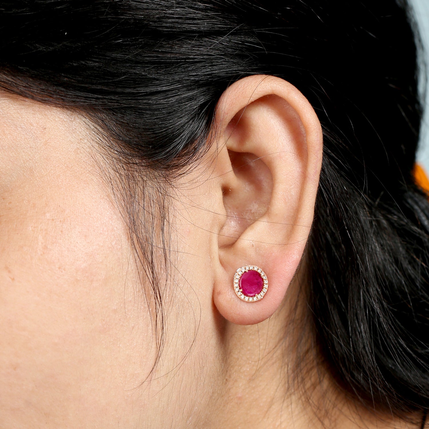 18K Rose Gold Ruby July Birthstone Stud Earrings with Pave Diamond Halo - Perfect Gift for Birthdays, Anniversaries & Special Occasions