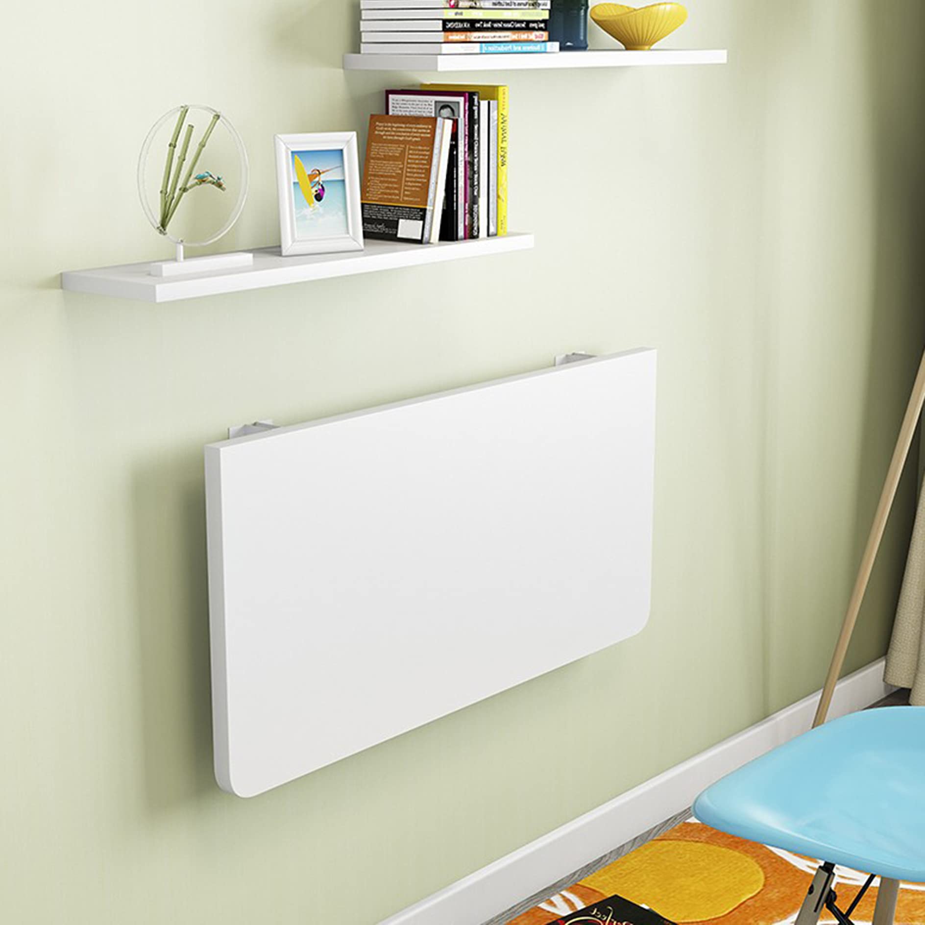 Fold Down Wall Mounted Drop-Leaf Table - Space Saving Dining Desk & Hideaway Workstation in White - Perfect for Small Spaces, Laundry Rooms, Home Bars & Kitchen Nooks