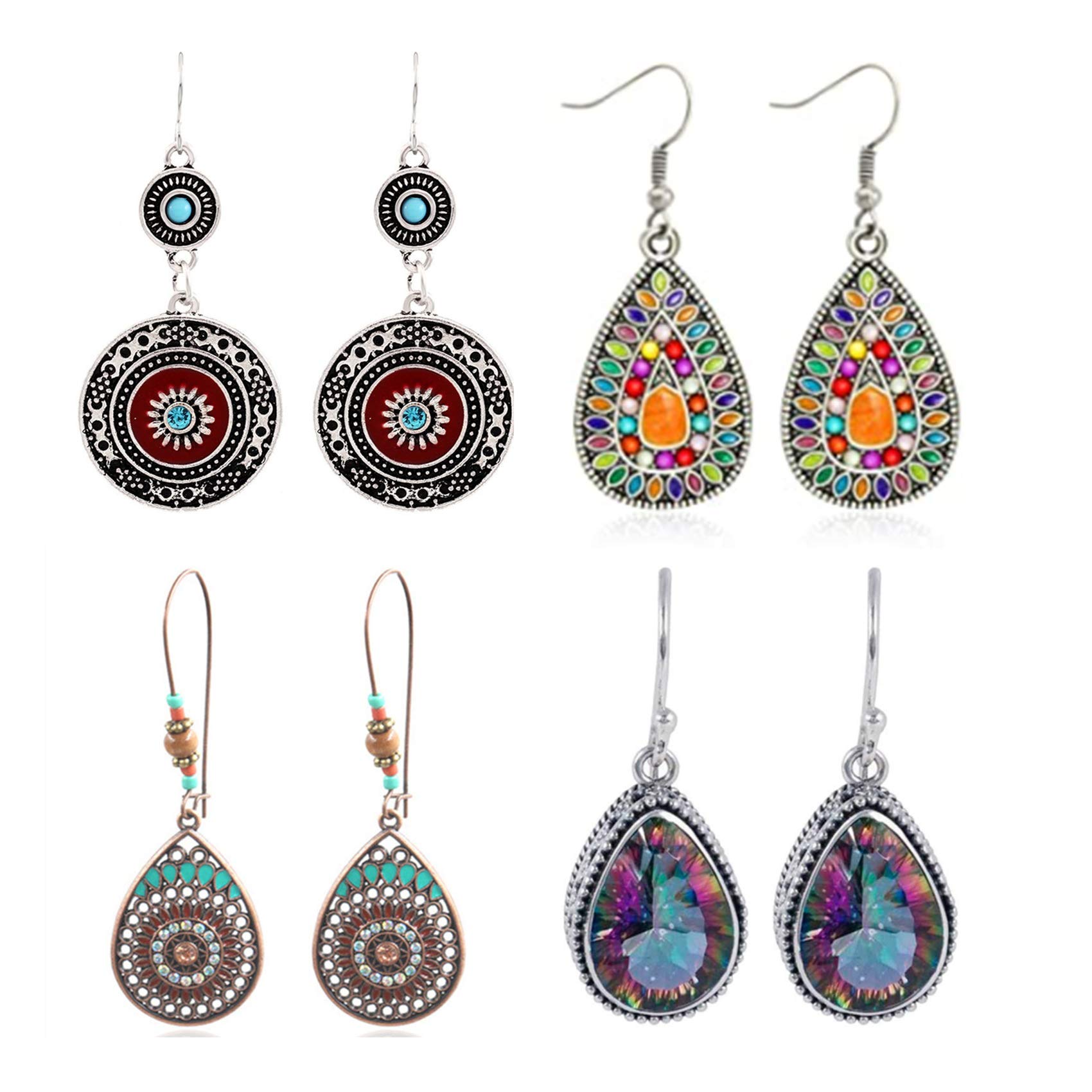 ZYHO Airlove 4 Pairs Bohemian Vintage Dangle Earrings - Retro Rhinestone Drop Earrings for Women | Perfect for Festivals, Parties & Boho Fashion Outfits