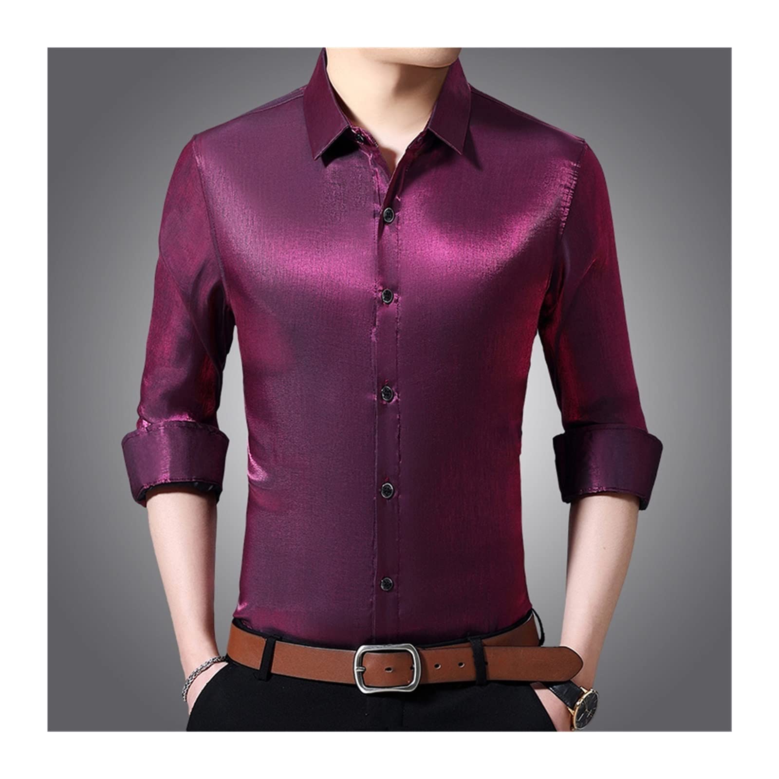 MMLLZEL Men's Purple Satin Shirt | Light Blue Long Sleeve Dress Shirt | Ice Silk Blouse for Men | Large Size M | Perfect for Office Wear, Parties & Formal Events