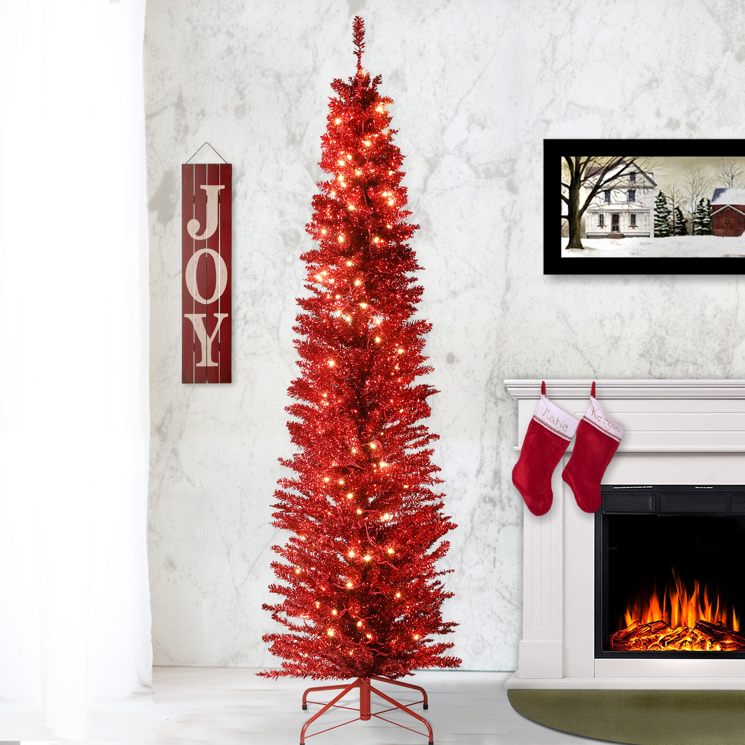 7 ft. Pre-Lit Artificial Christmas Tree with Red Tinsel and Clear Lights - Perfect for Holiday Home Decor, Office, and Party Festive Atmosphere