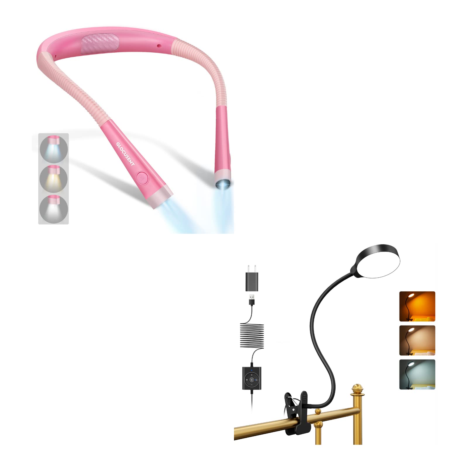 Glocusent 5W LED Bedside Reading Light - 36 Eye-Caring LEDs, 3 Colors & 5 Brightness Levels, Flexible Gooseneck Clip-On Lamp for Headboard - Perfect for Night Reading, Studying, and Relaxing in Bed
