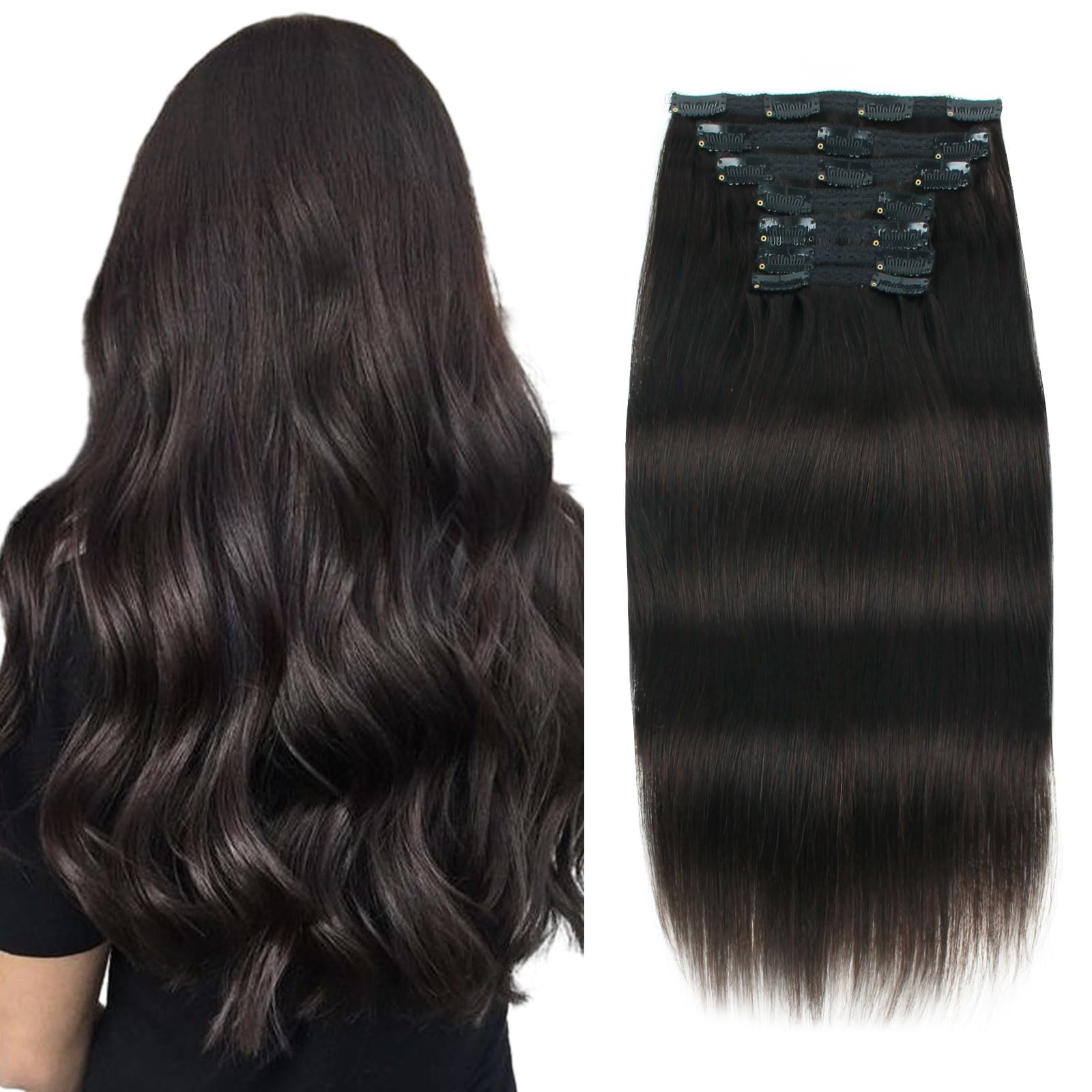 9A Grade Clip-In Human Hair Extensions - Off Black Color, Ultra Thick Double Weft for Full Head Coverage - 22 Inch, 140g, 7 Pieces with 18 Clips | Perfect for Volume, Length & Styling for Parties, Weddings & Daily Wear