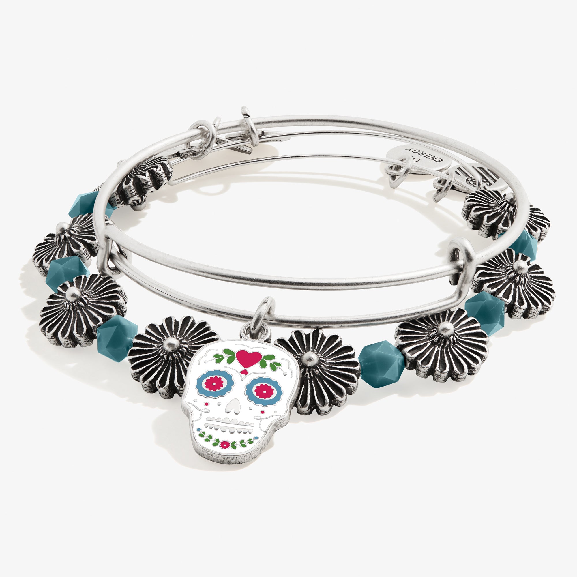 Mexican Sugar Skull Charm Bangles - Set of 2 Handmade Beaded Bracelets for Women - Perfect for Day of the Dead Celebrations, Halloween Costumes & Boho Fashion Accessories