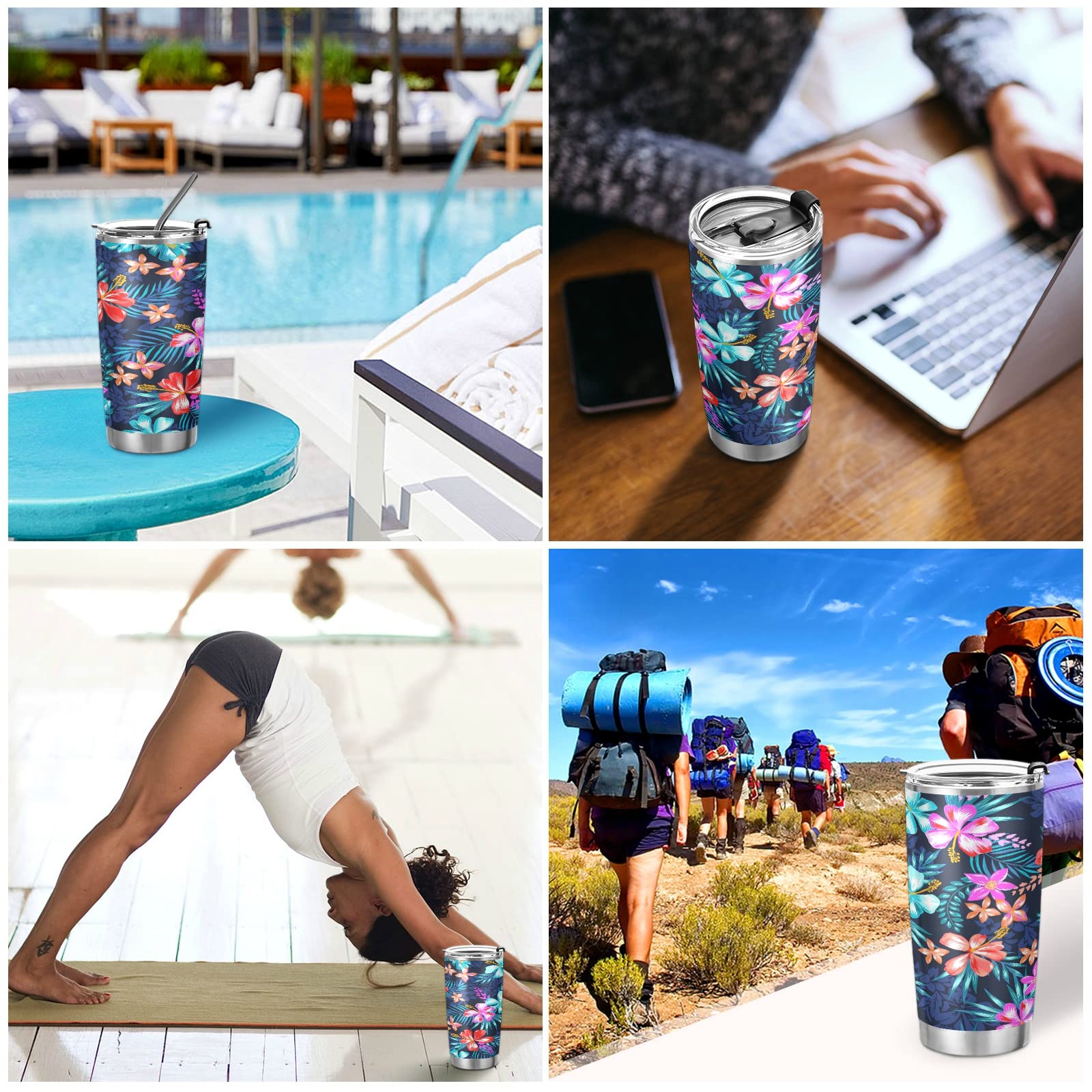 ALAZA 20Oz Stainless Steel Vacuum Insulated Tumbler with Lid & Straw - Tropical Hawaiian Flowers Design - Double Wall Travel Mug for Coffee, Iced Drinks - Perfect for Beach, Office & Outdoor Adventures