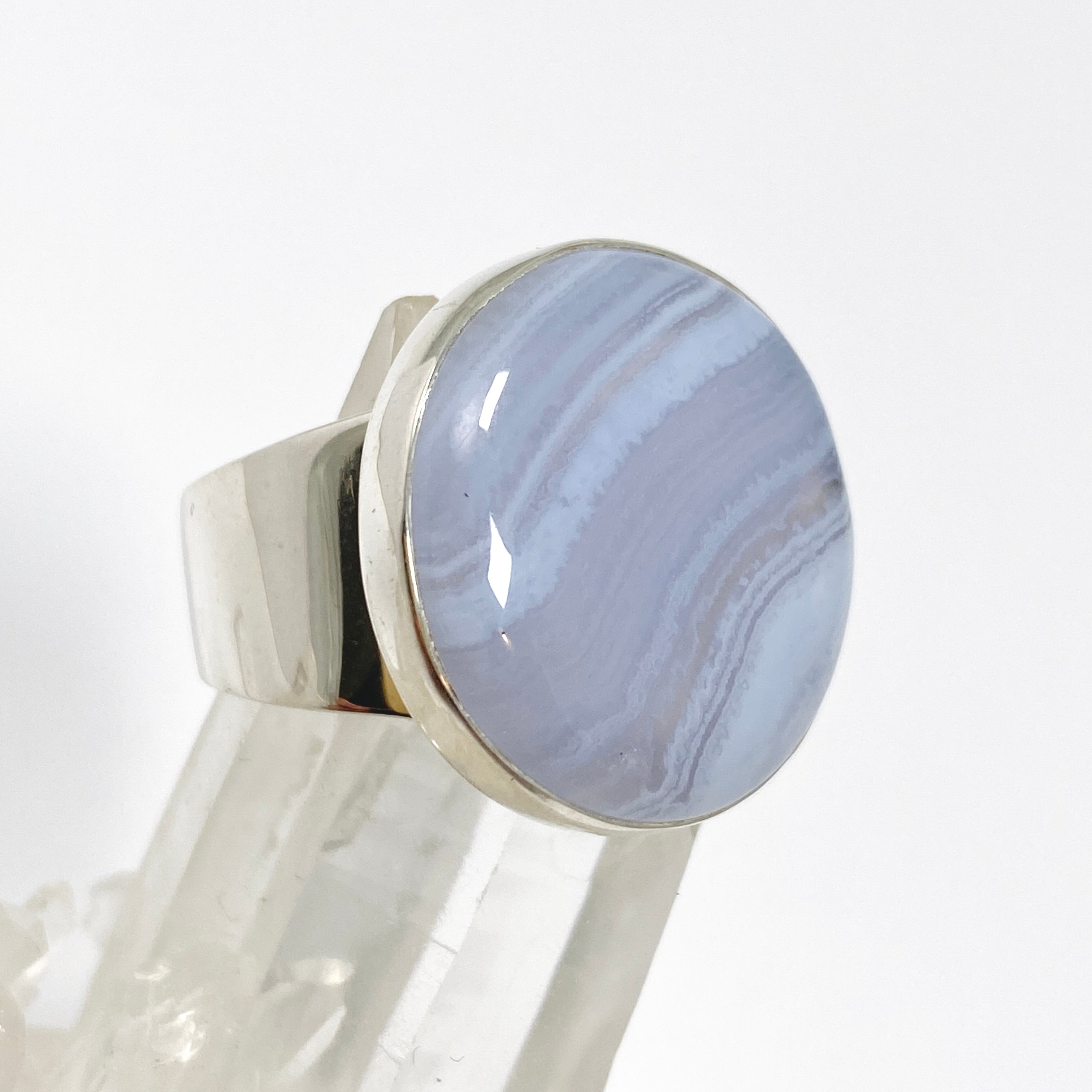 Blue Lace Agate Round Cabochon Ring - Size 11 - KRGJ3371 - Elegant Handmade Jewelry for Women, Perfect for Weddings, Parties & Everyday Wear