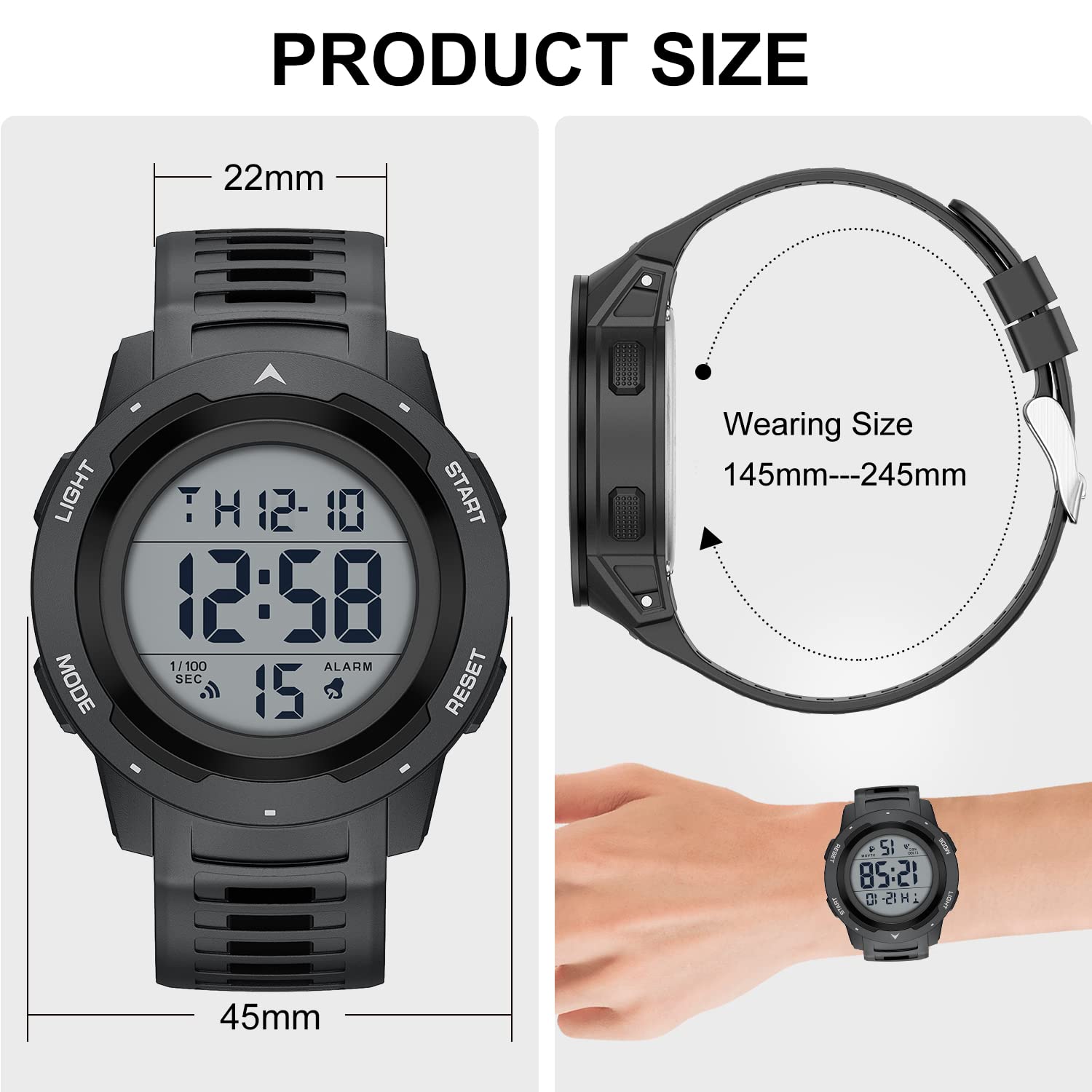 Waterproof Digital Sports Watch for Men - Wide Screen, Easy to Read, Military Style with Rubber Strap - Perfect for Running, Swimming & Outdoor Adventures