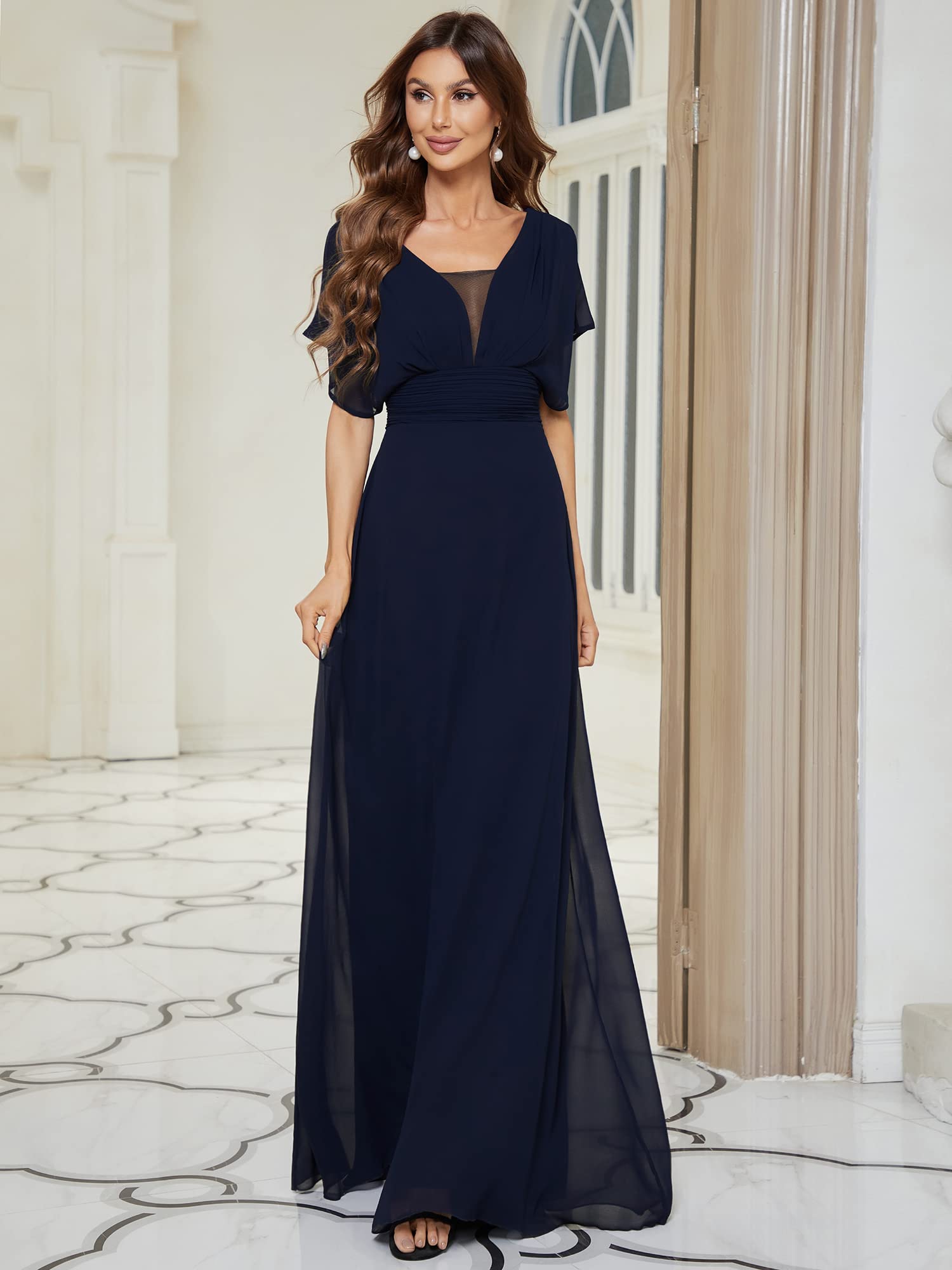 Ever-Pretty Women's Elegant V-Neck Formal Evening Dress 7851 - Long Sleeve A-Line Gown for Prom, Wedding Guest & Black Tie Events