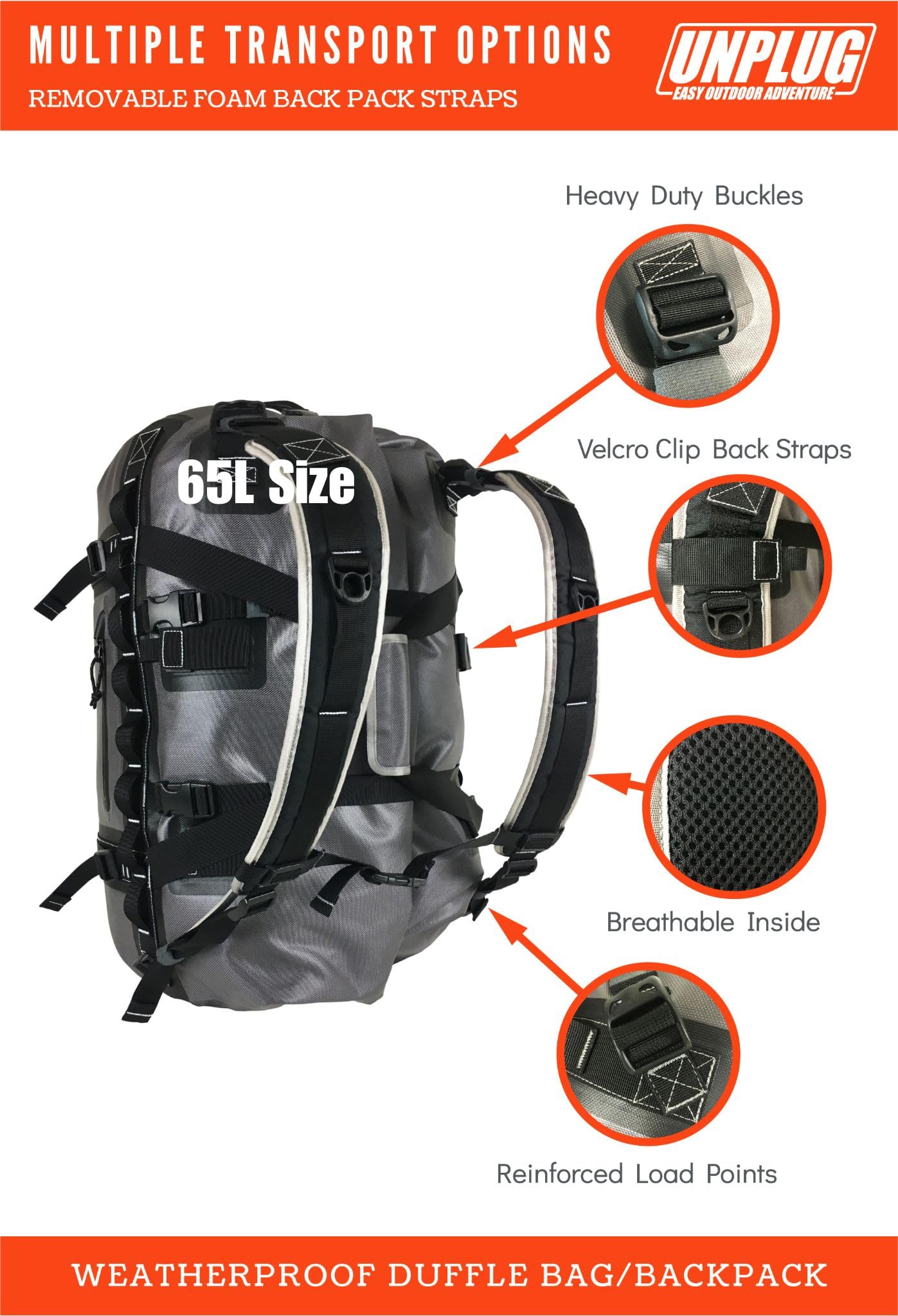 UNPLUG Ultimate Adventure Bag - 1680D Heavy Duty Waterproof Travel Duffel for Camping, Hiking, Motorcycle & Boating | Tactical Duffle Backpack for Outdoor Sports, Travel & Emergency Preparedness