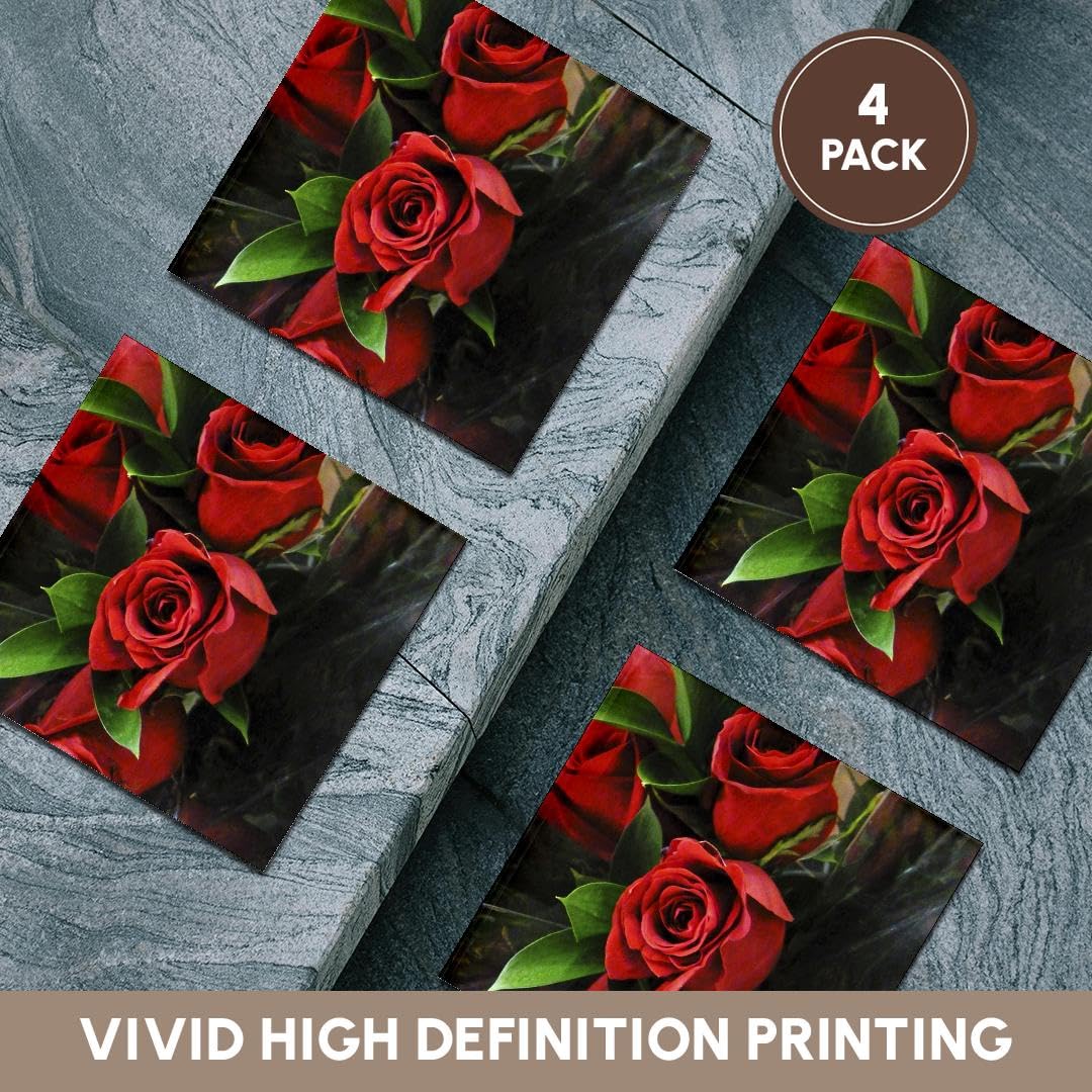 3D Rose Ceramic Tile Coasters Set of 4 - Elegant Red Roses on Black Background for Coffee Table, Bar, or Home Decor