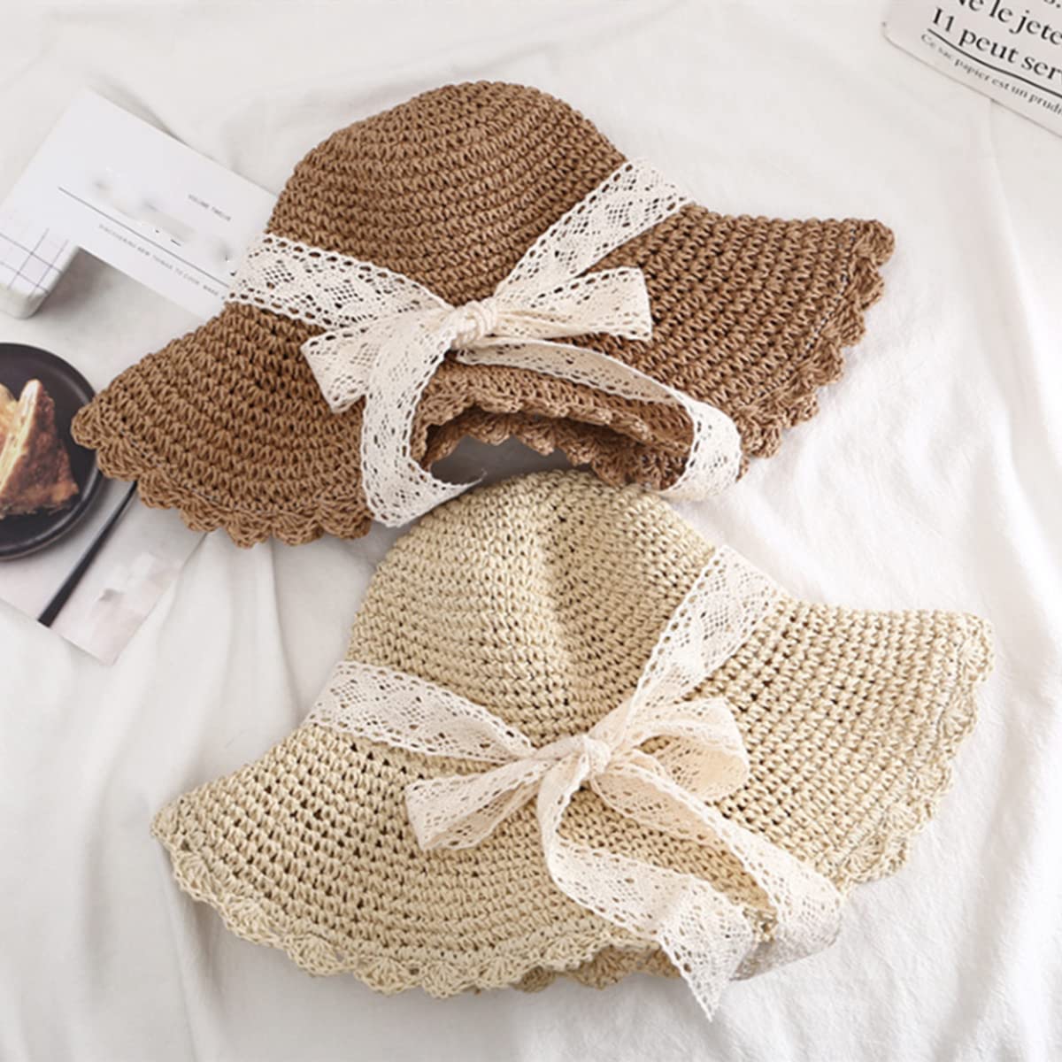 Women's Foldable Wide Brim Straw Sun Hat - UV Protection Packable Beach Hat with Lace Trim - Perfect for Summer Travel, Vacations & Outdoor Activities