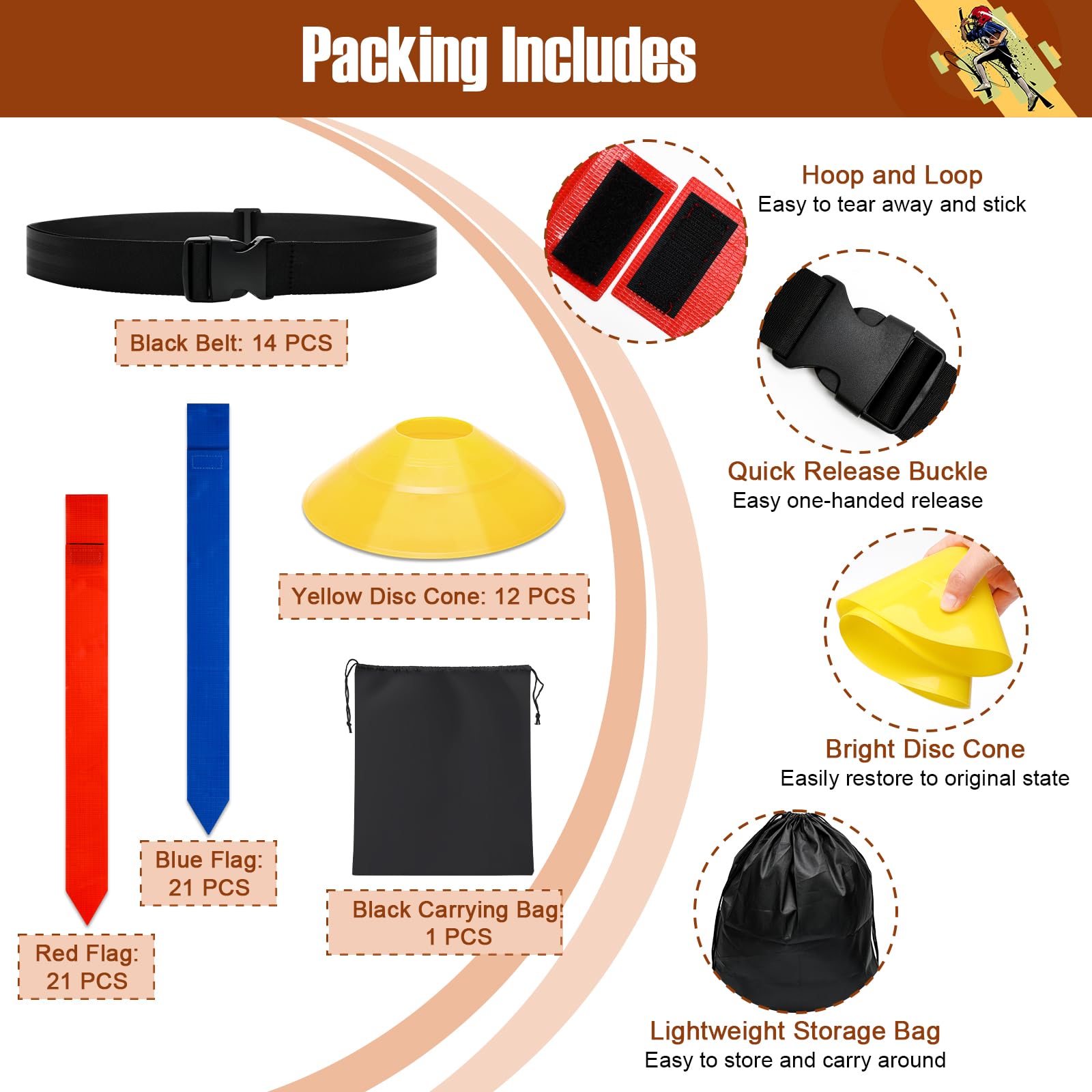 Flag Football Belts Set for 14 Players - Includes 14 Belts, 42 Flags, 12 Cones & Storage Bag - Youth & Adult Football Training Equipment - Perfect for Team Practice, PE Class and Backyard Games