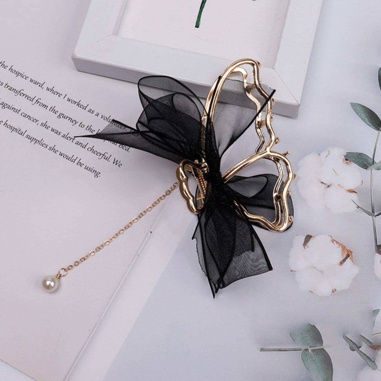 Elegant Butterfly Hair Clips for Women - Large Metal Claw Clips with Lace Pearl Tassel, Strong Hold Hair Accessories for Thick & Thin Hair - Perfect for Weddings, Parties & Daily Styling