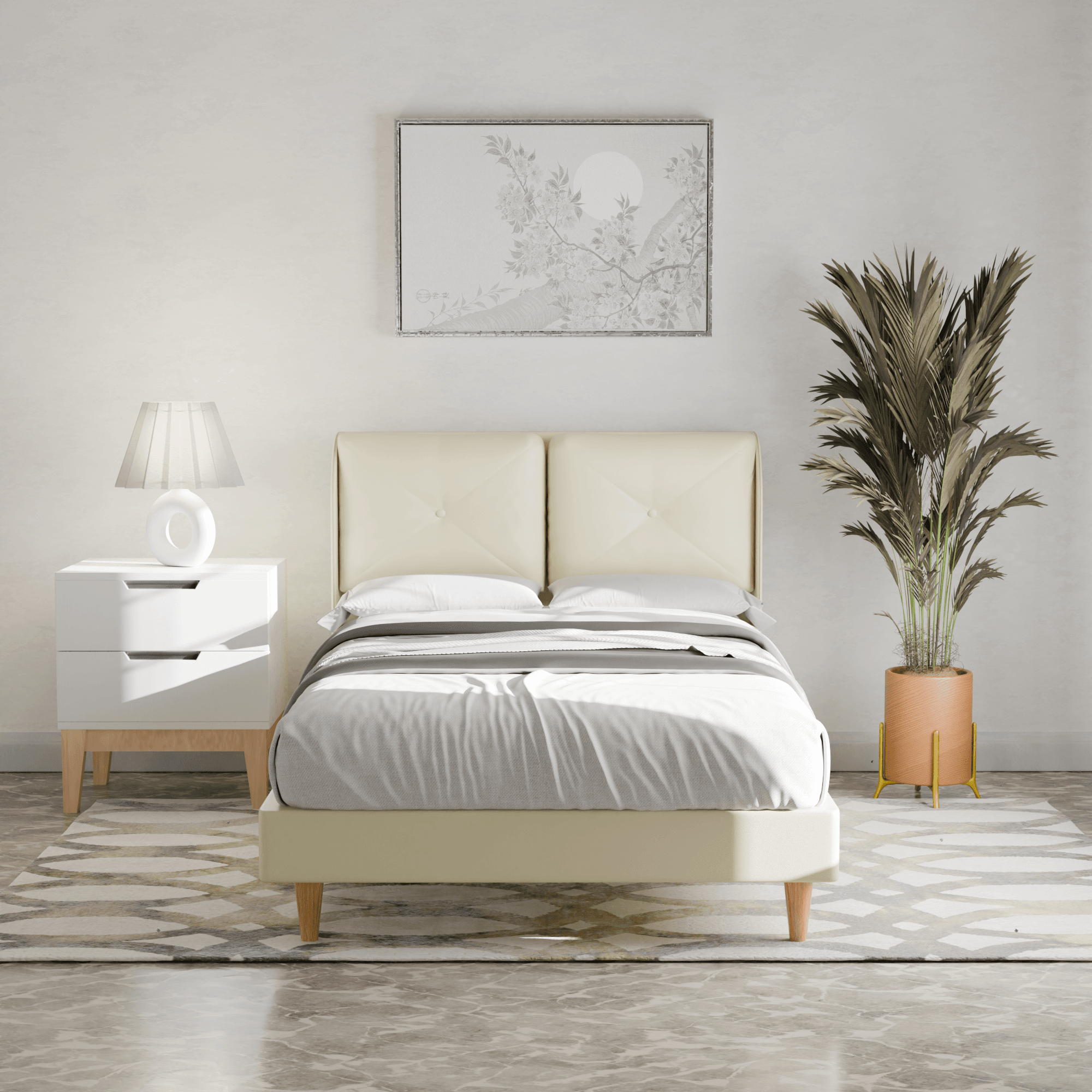Mohave Faux Leather Upholstered Bed Frame - Queen Size Platform Bed with Wooden Slats Support | Perfect for Modern Bedroom, Guest Room & Master Suite Decor
