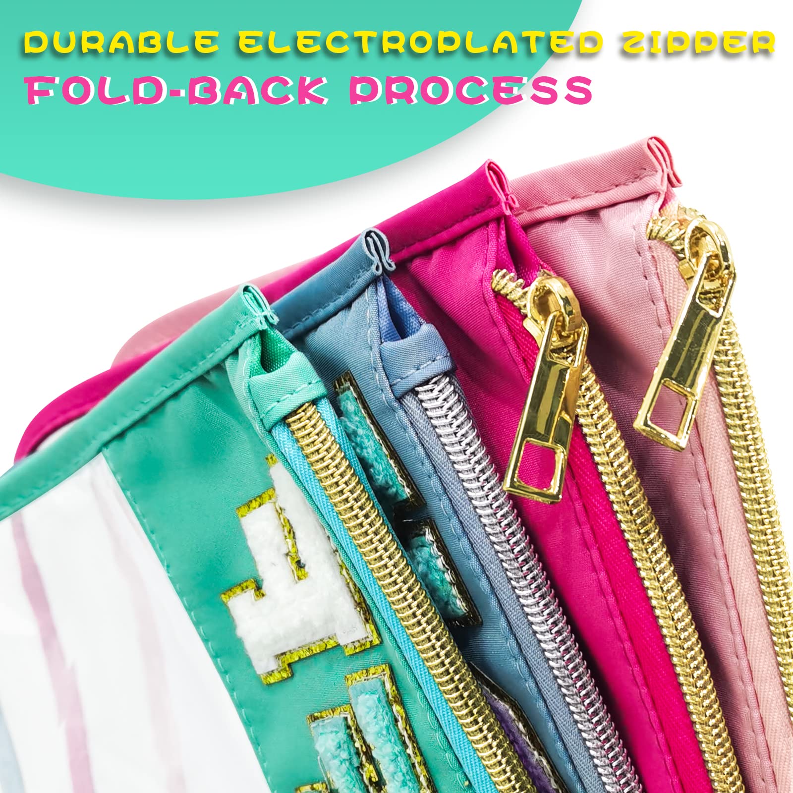 LSxia Chenille Letter Clear Travel Zipper Pouch - Waterproof Nylon Makeup Bag for Women & Girls | Preppy Cosmetic & Toiletry Organizer | Perfect for Travel, Gym, School & Daily Use (Green-Stuff)