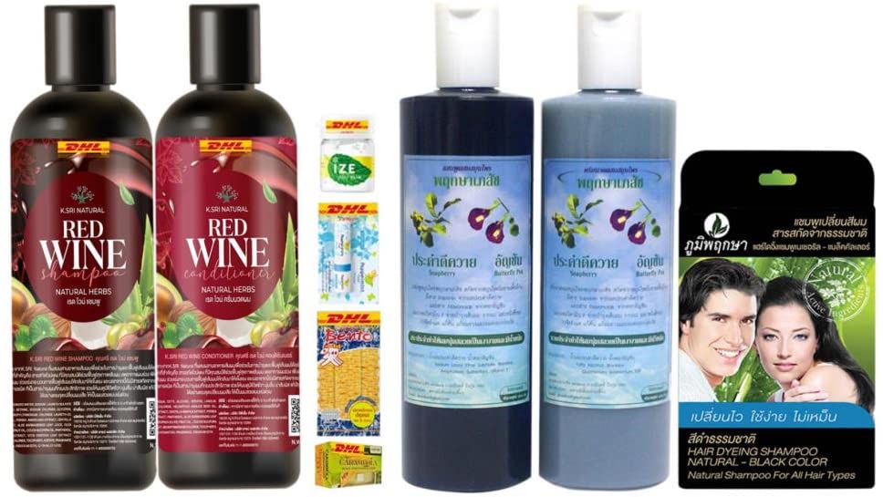 K.Sri Red Wine Herbal Shampoo & Conditioner Set 300ml - Natural Soapberry & Butterfly Pea Extract for Hair Care - DHL Express Shipping | Perfect for Damaged Hair Repair & Daily Nourishment