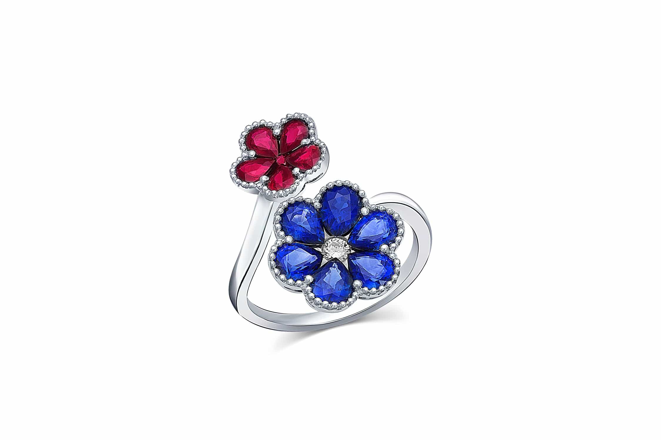 18K White Gold Floral Bypass Ring with Genuine Sapphire & Ruby - Elegant Jewelry for Weddings, Anniversaries & Special Occasions