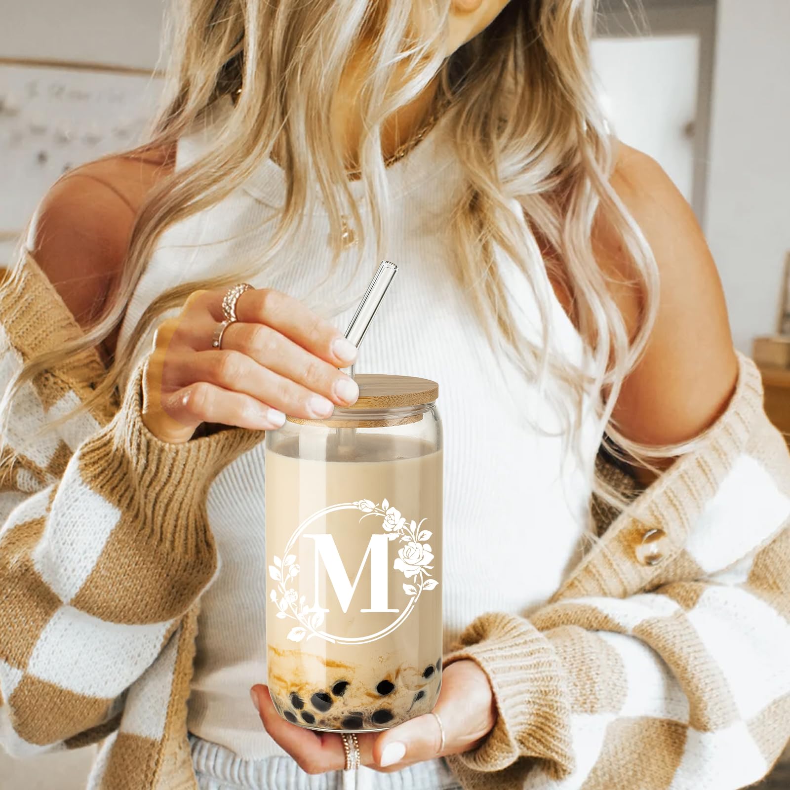 Personalized Monogrammed Initial Glass Cup - 16oz Iced Coffee & Beer Can Shaped Glass with Lid & Straw - Unique Birthday & Christmas Gifts for Women - Perfect for Home, Office & Party Drinks