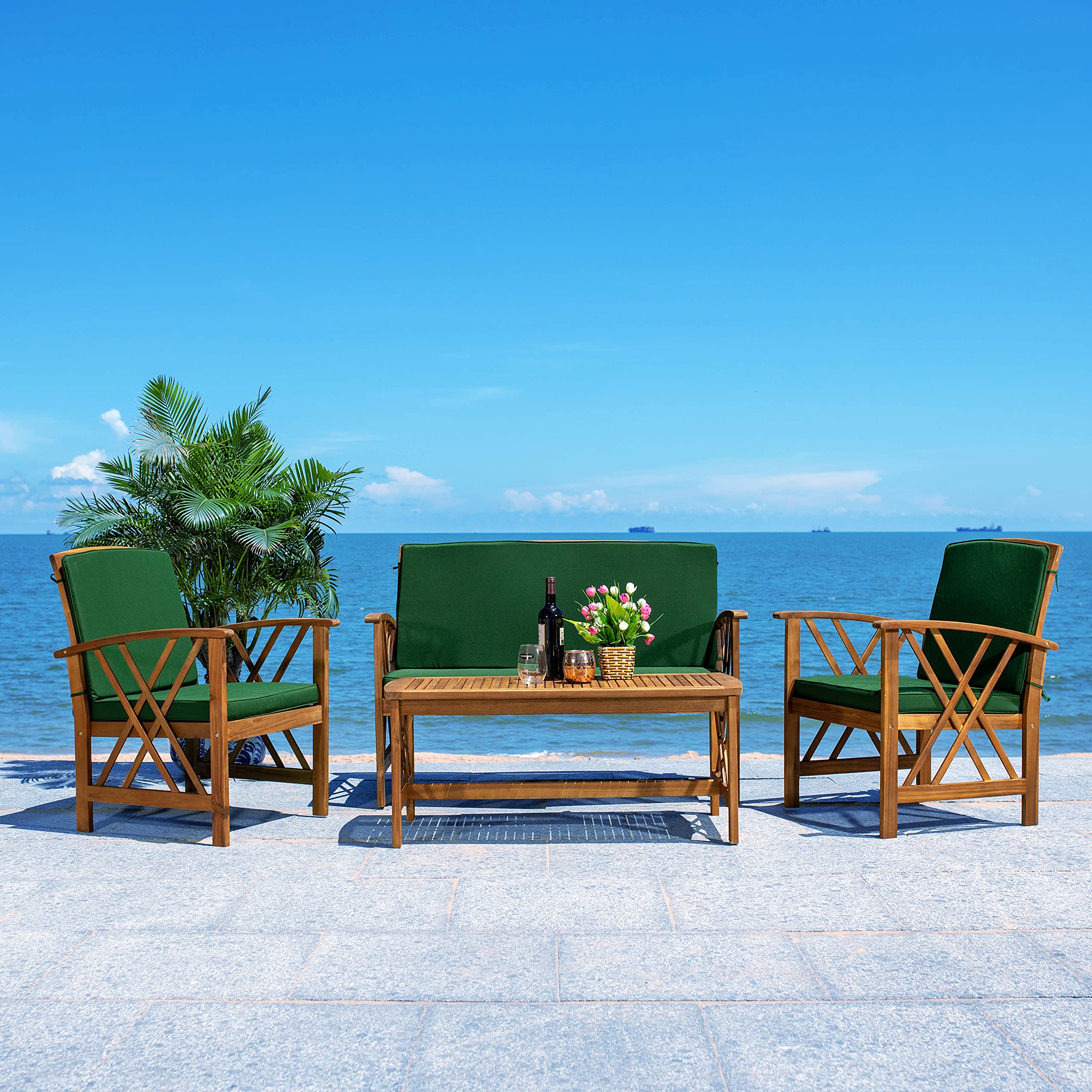 SAFAVIEH Outdoor Collection Fontana 4-Piece Patio Set with Natural/Green Cushions - Perfect for Garden, Backyard, and Poolside Conversation Areas