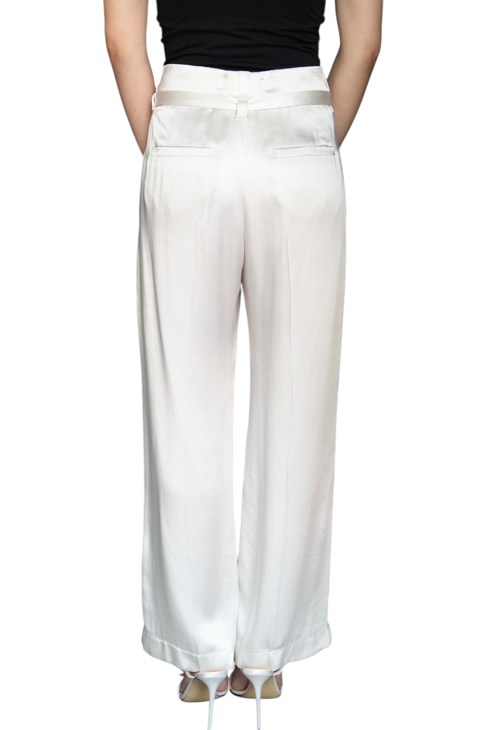 Brunello Cucinelli Ivory Satin Tie Trousers for Women | Size IT 42 / US 6 | Elegant Formal Pants for Office Wear & Special Occasions