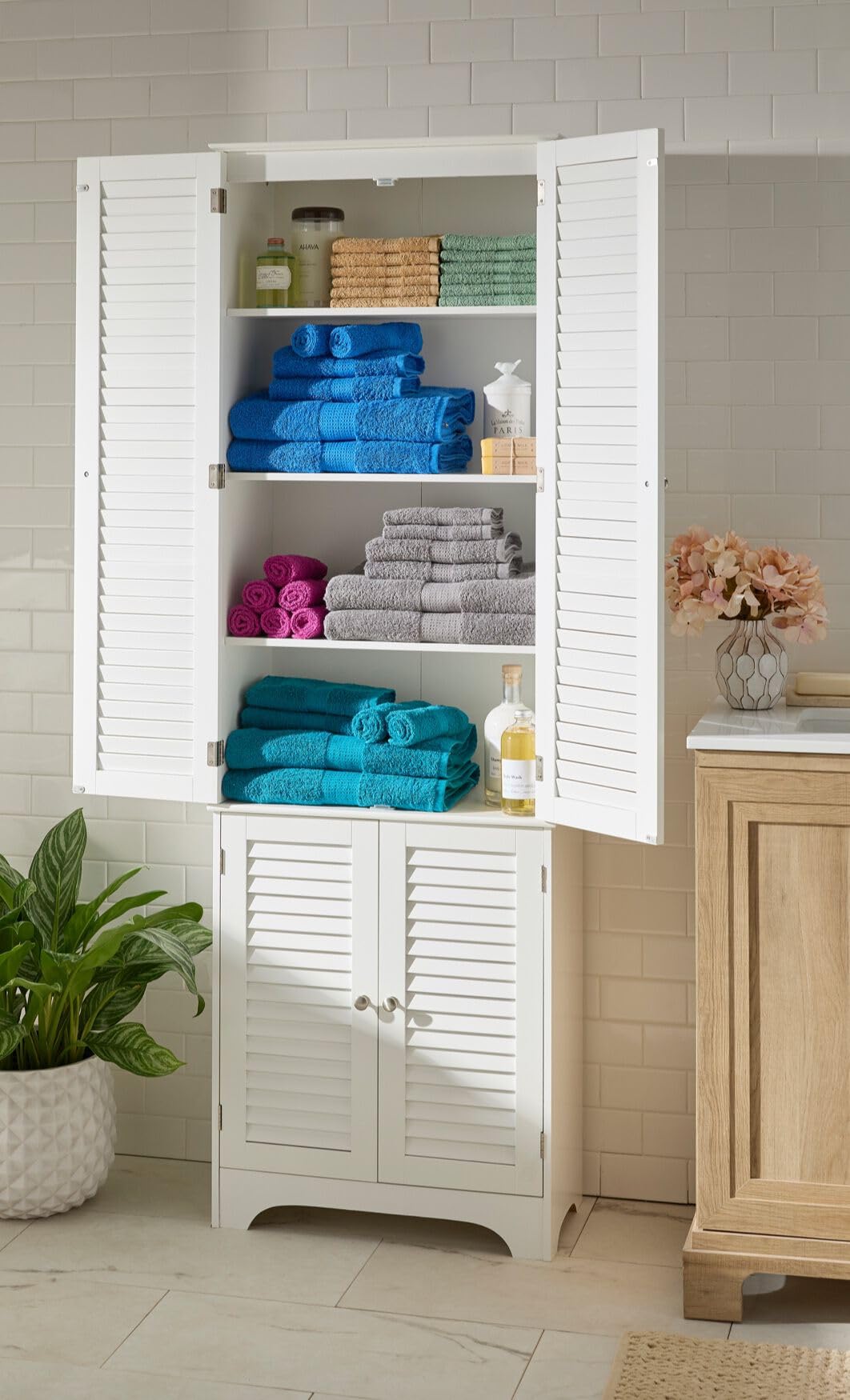BrylaneHome Louvre Linen Cabinet - White Storage Organizer for Bedroom, Bathroom & Closet | Space-Saving Linen Closet with Adjustable Shelves
