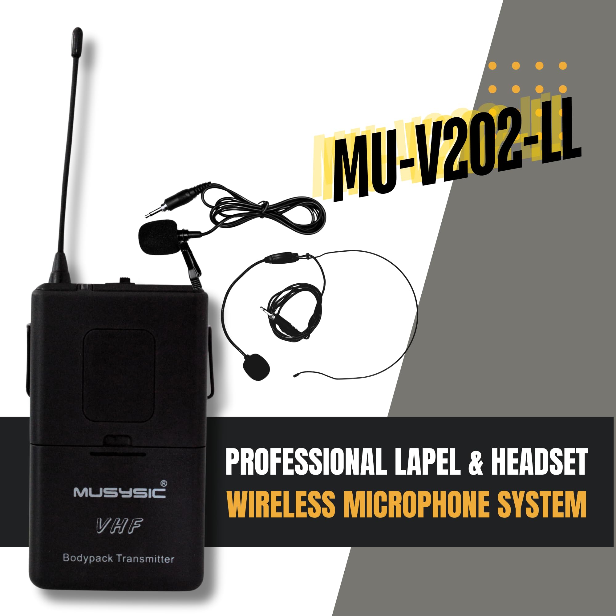 Musysic Wireless Microphone System - VHF Lapel Lavalier Headset with Transmitter & Receiver, 2-Channel SM Technology, 1/4