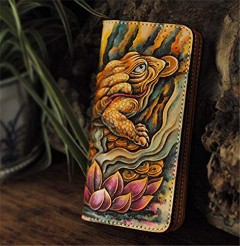 Handmade 3D Genuine Leather Biker Wallet for Men - Custom Engraved & Hand-Painted Long Leather Wallet with Golden Toad Design - Perfect for Motorcycle Riders, Gift Giving & Everyday Use